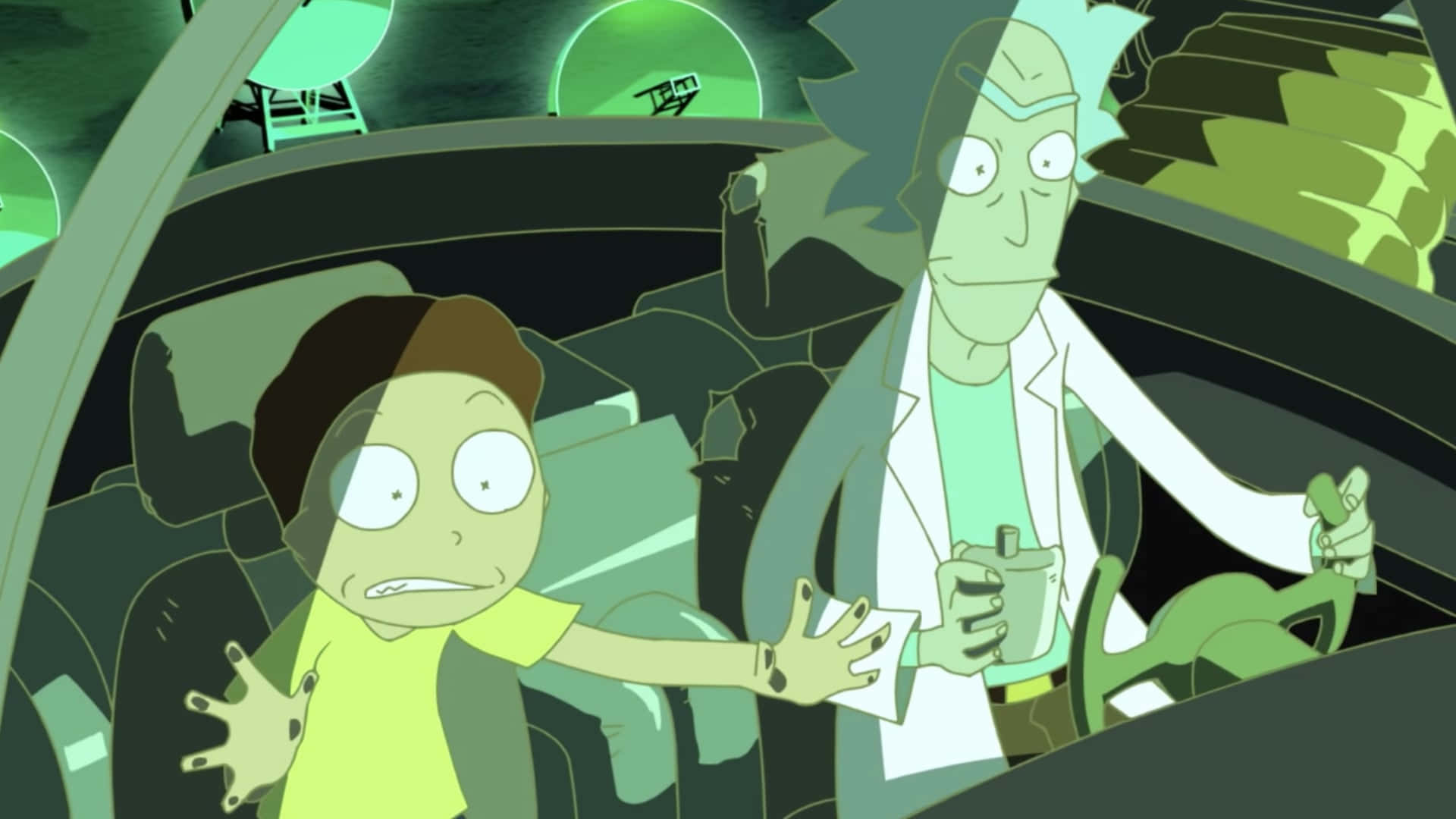 Rick and Morty, spaceship cockpit, eerie green light, Full HD Desktop Wallpaper