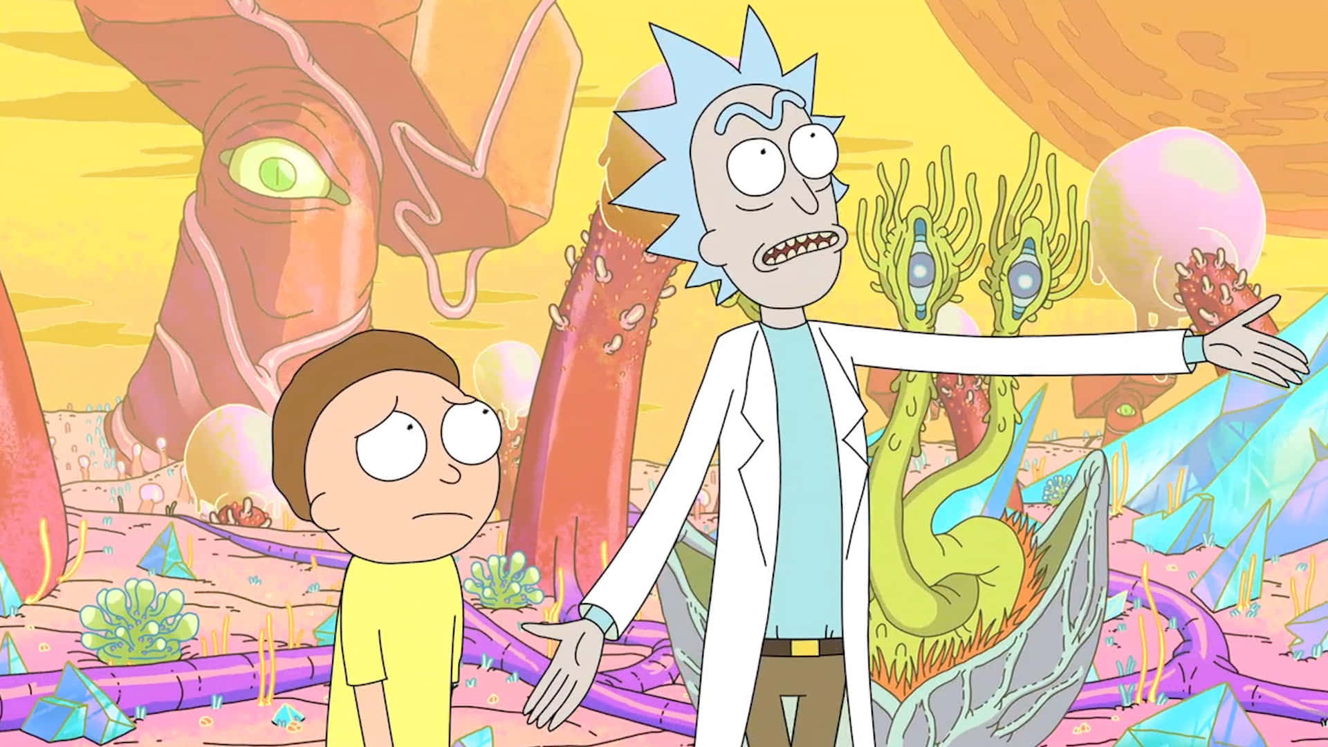 Rick And Morty, surreal alien landscape, glowing flora, Full HD Desktop Wallpaper