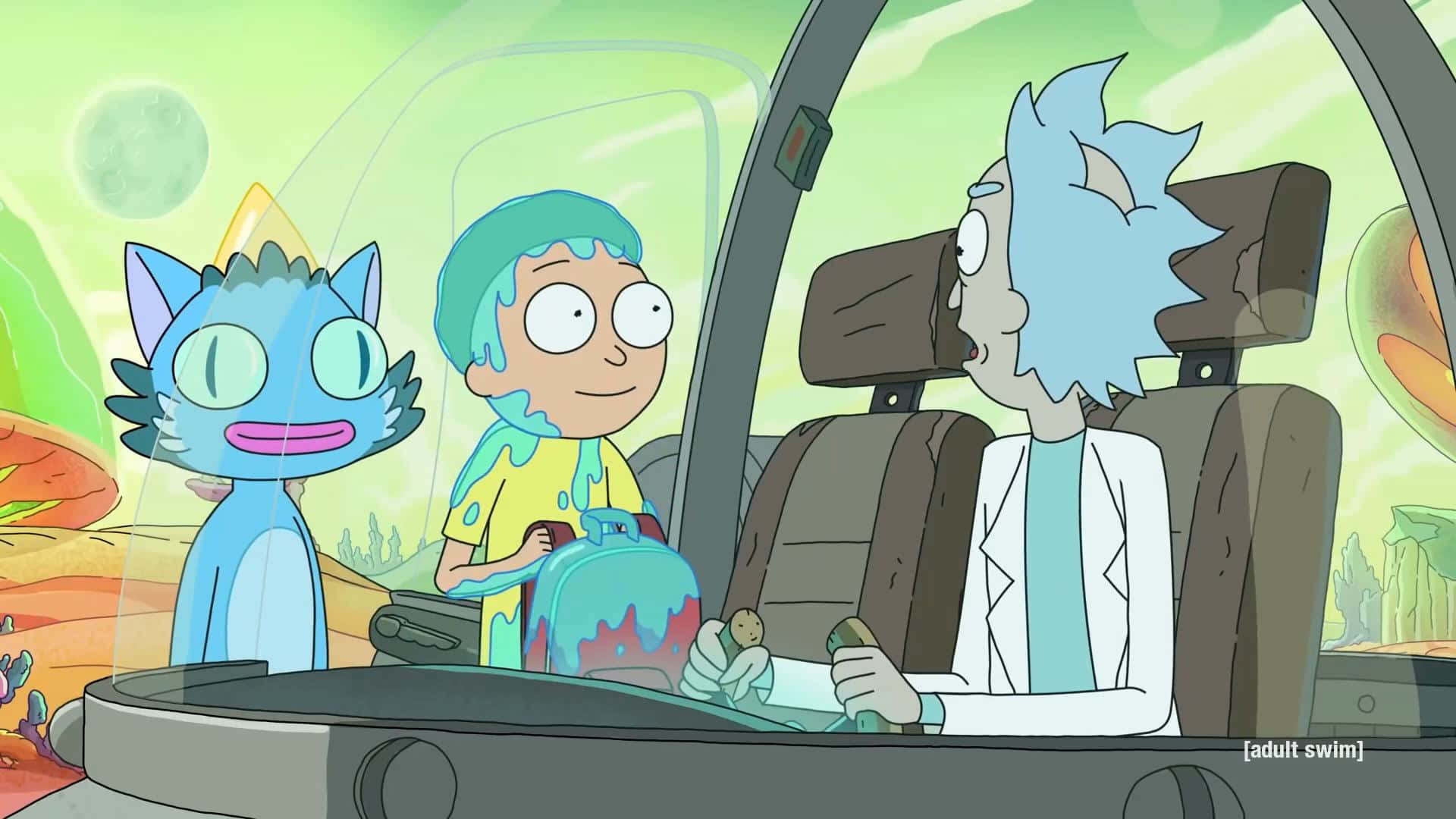 Rick and Morty, spaceship cockpit, blue cat-like creature, Full HD Desktop Wallpaper