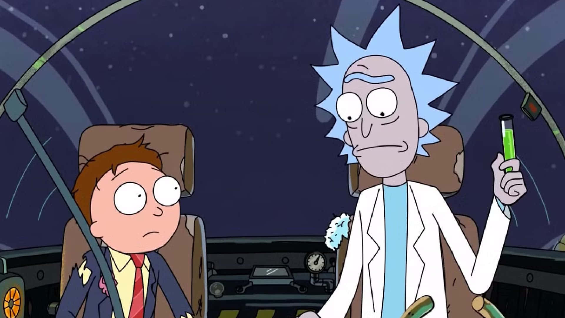 Rick and Morty, spaceship cockpit, glowing green test tube, Full HD Desktop Wallpaper