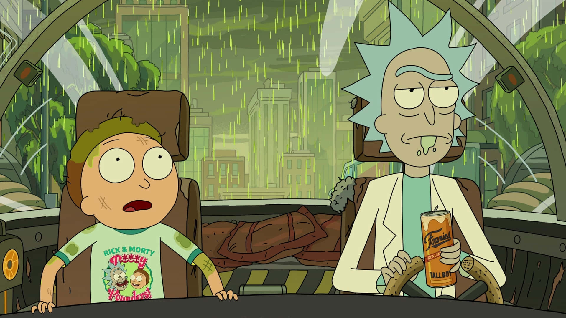 Rick and Morty, spaceship cockpit, green rain, Full HD Desktop Wallpaper