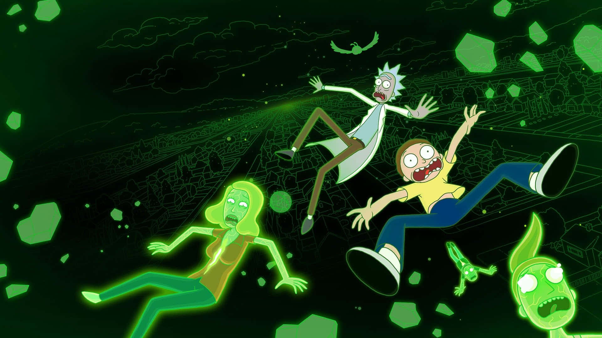 Rick And Morty, 1920x1080, green glowing debris, Full HD Desktop Wallpaper