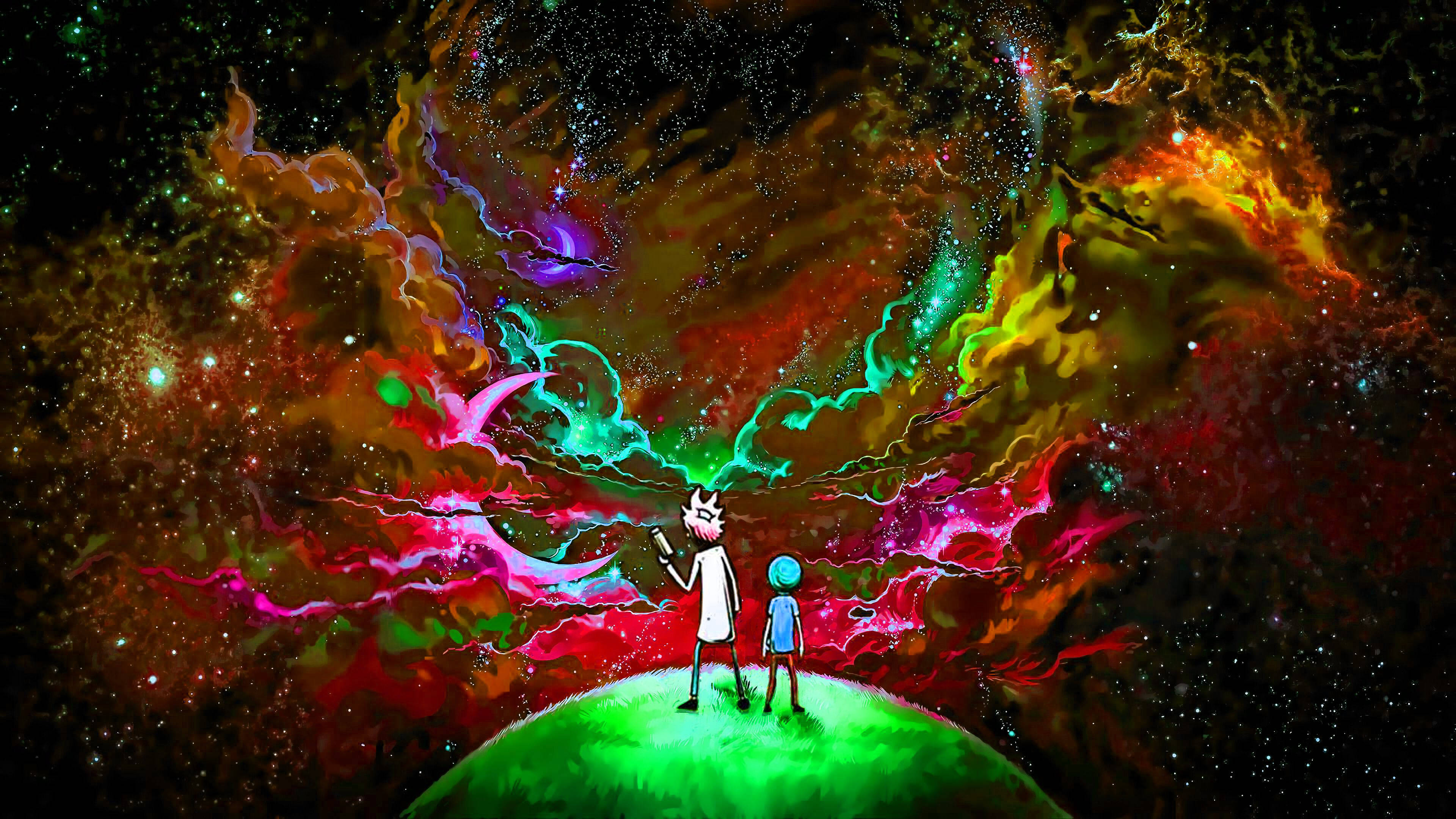 Rick And Morty, glowing green planet, swirling cosmic nebula, 4K Desktop Wallpaper