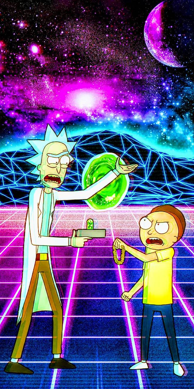 Rick and Morty, neon grid universe, cosmic purple and blue starfield, HD Phone Wallpaper