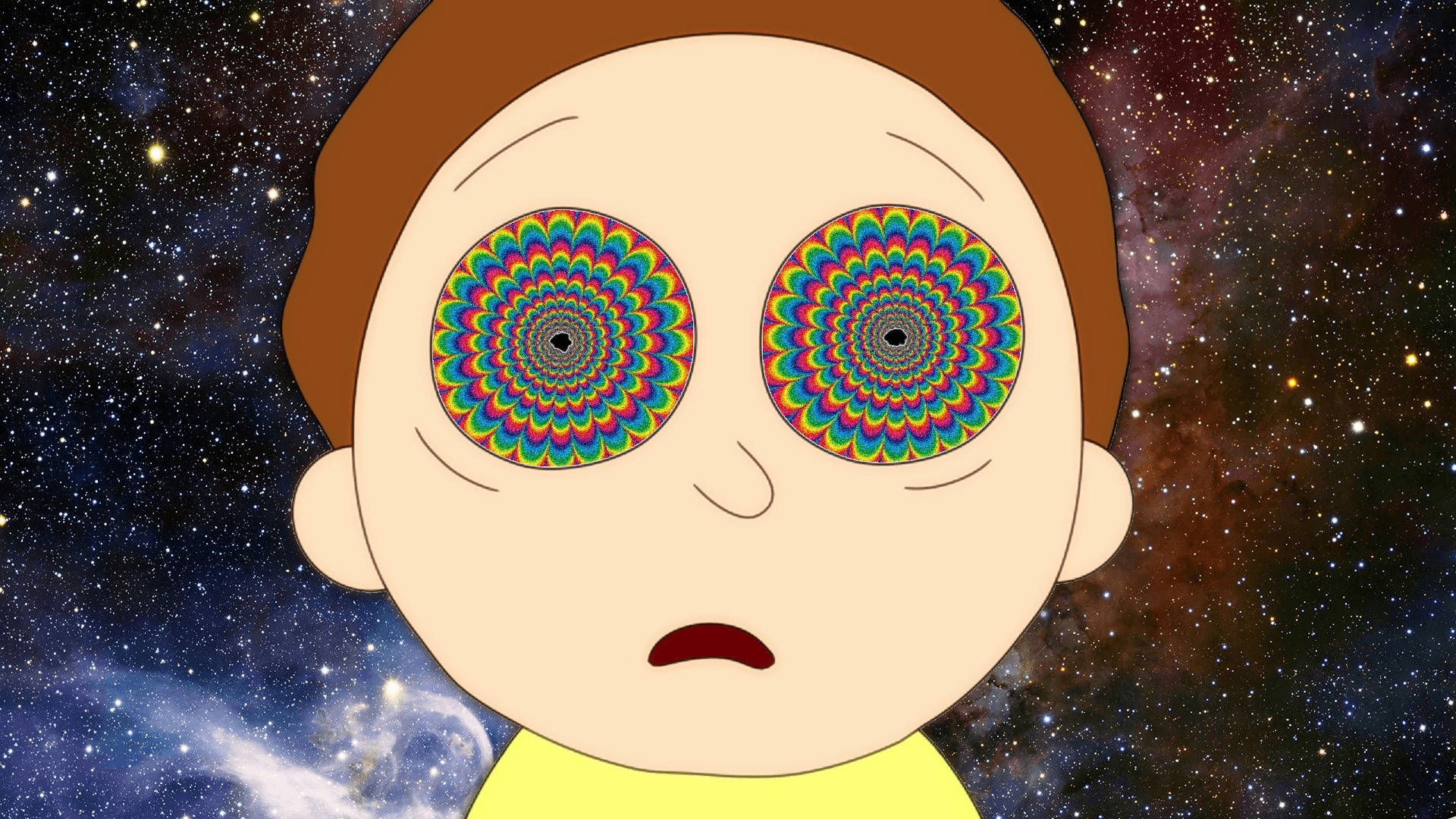 Rick And Morty, hypnotic rainbow spiral eyes, starry cosmic backdrop, Full HD Desktop Wallpaper