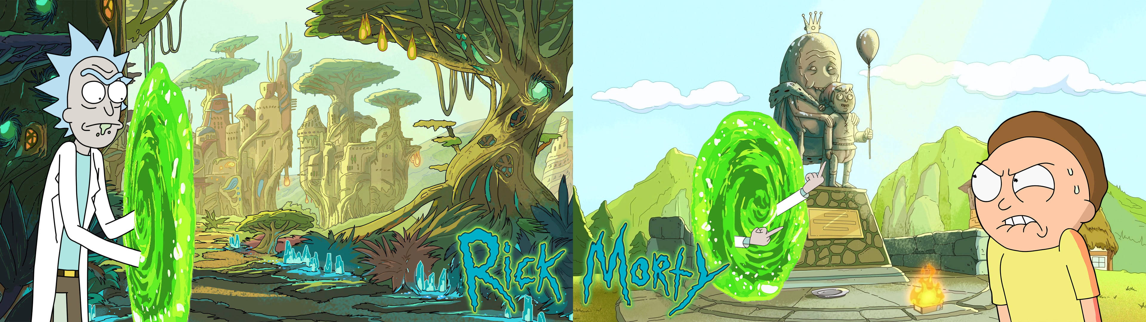 Rick And Morty, glowing green portal, fantastical alien landscape, 4K Desktop Wallpaper