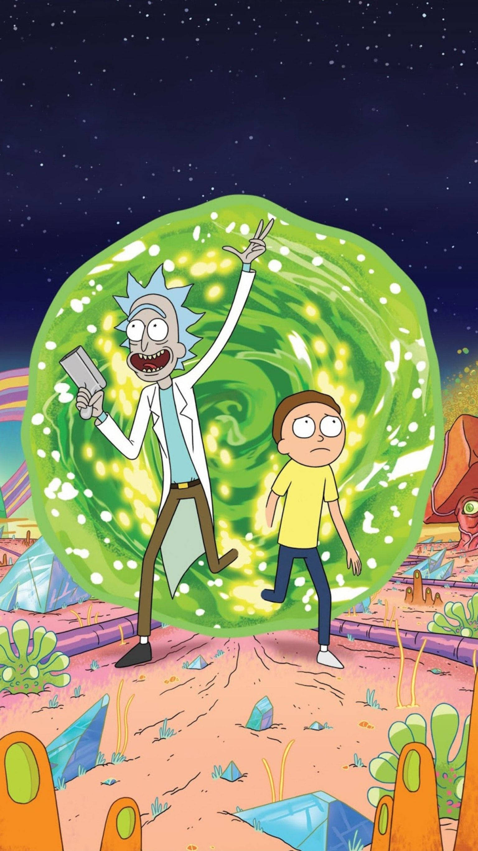 Rick And Morty, green portal, surreal alien landscape, 2K Phone Wallpaper