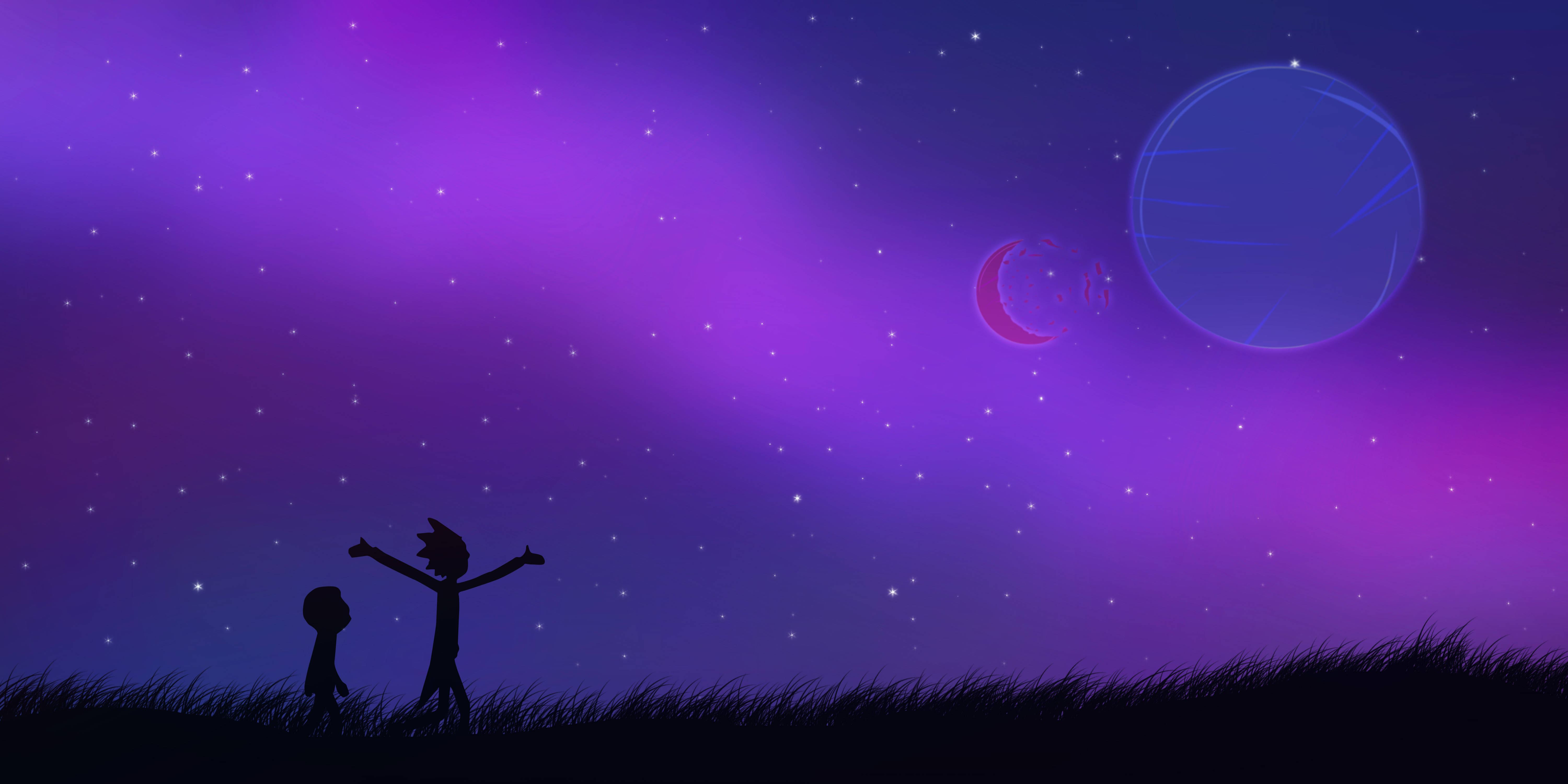 Rick And Morty, violet sky, grassy hill, 5K Desktop Wallpaper