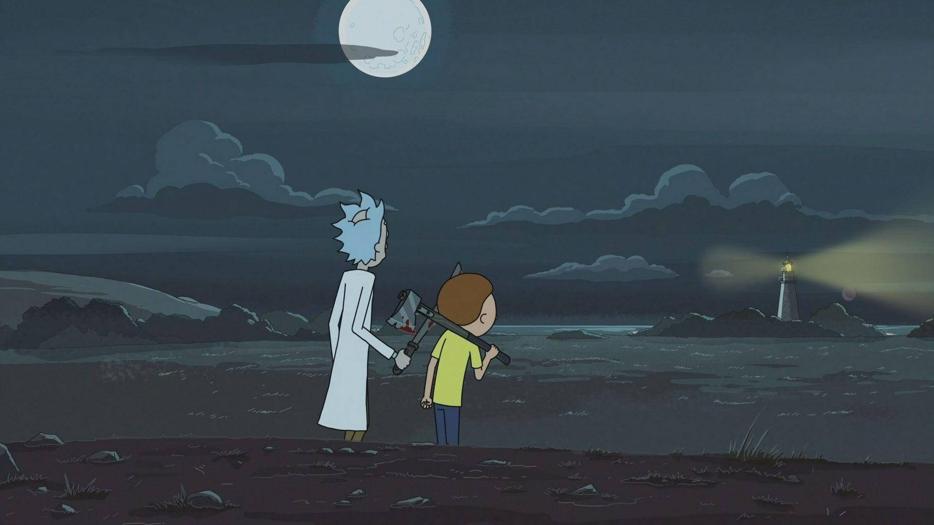 Rick And Morty, lighthouse, moonlit rocky shore, Full HD Desktop Wallpaper