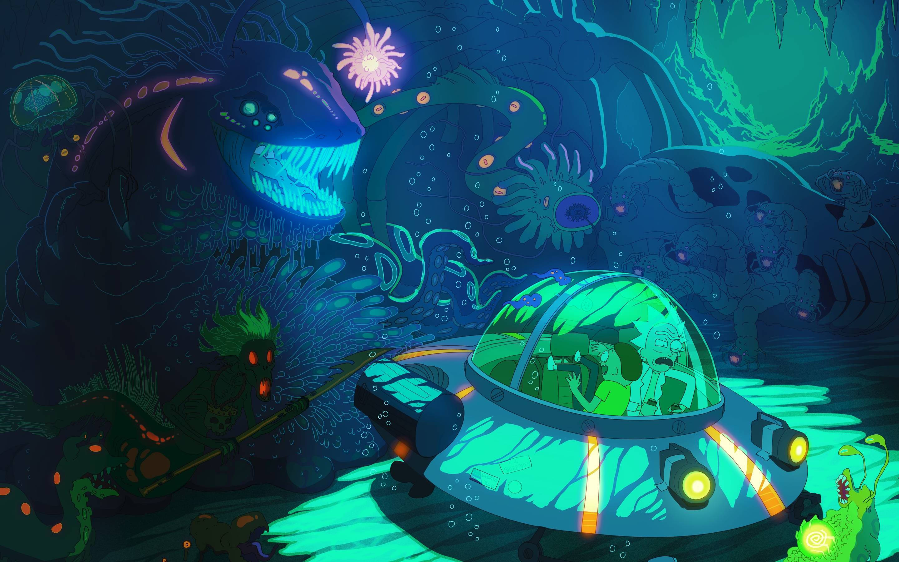 Underwater Rick and Morty 4K, glowing submarine, surreal underwater cave, 2K Desktop Wallpaper