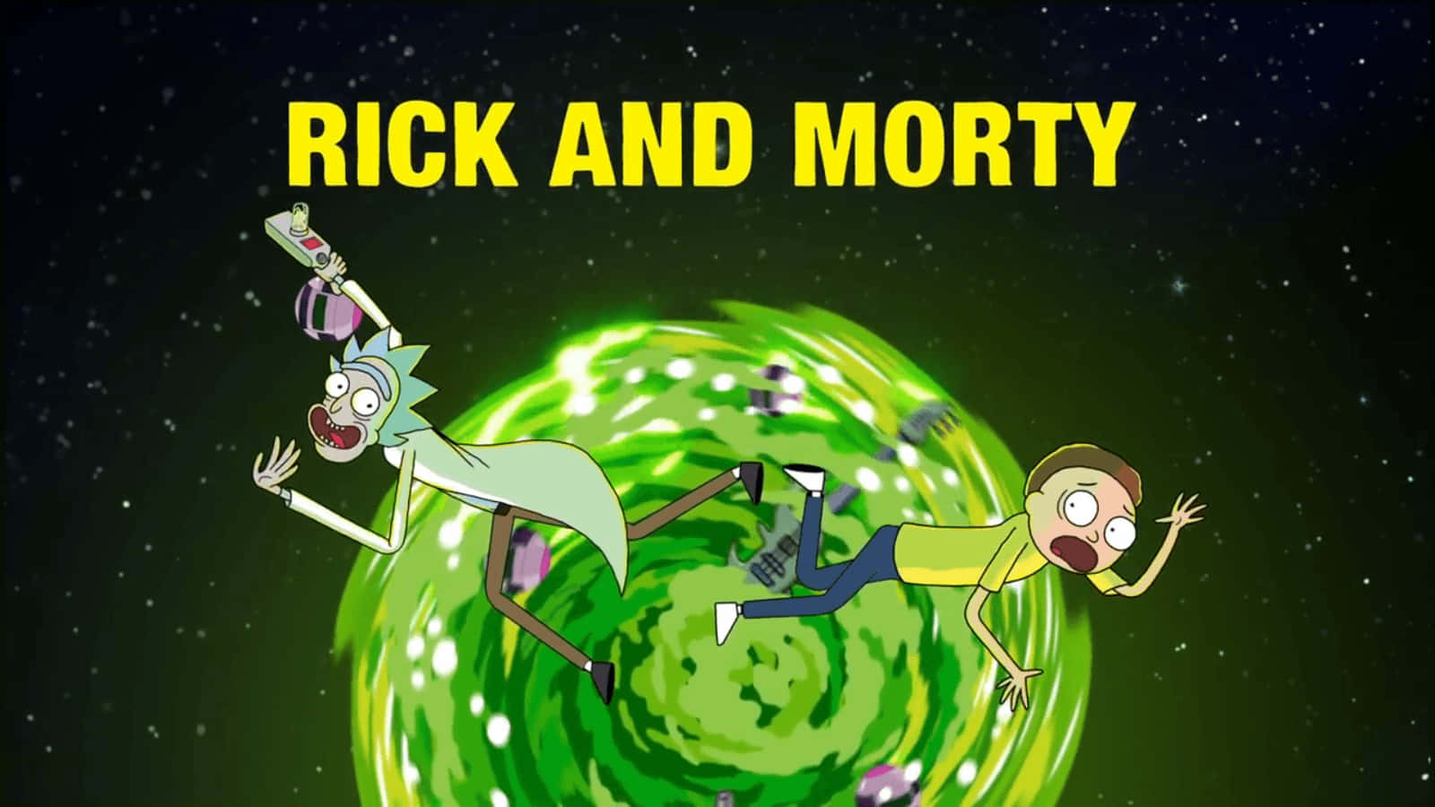 Rick and Morty, swirling green portal, starry space backdrop, HD Desktop Wallpaper