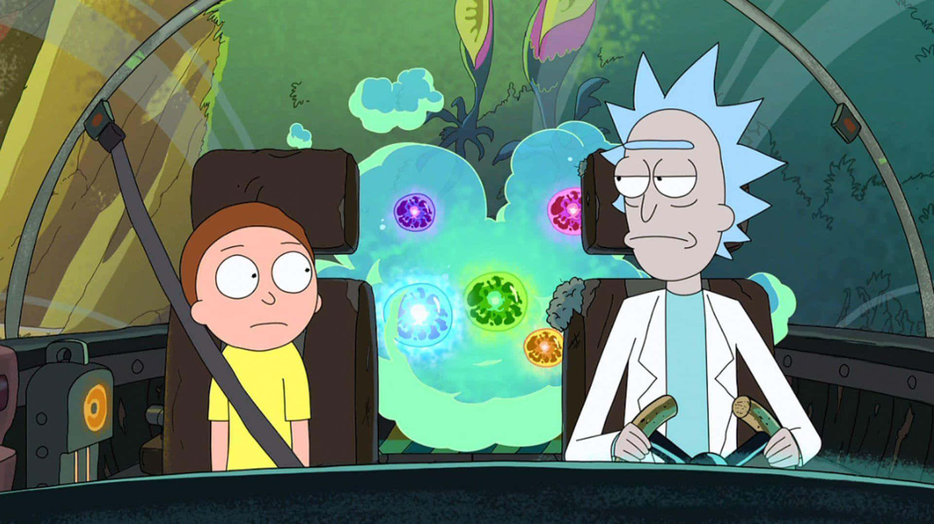 Rick and Morty, spaceship cockpit, glowing alien orbs, Full HD Desktop Wallpaper