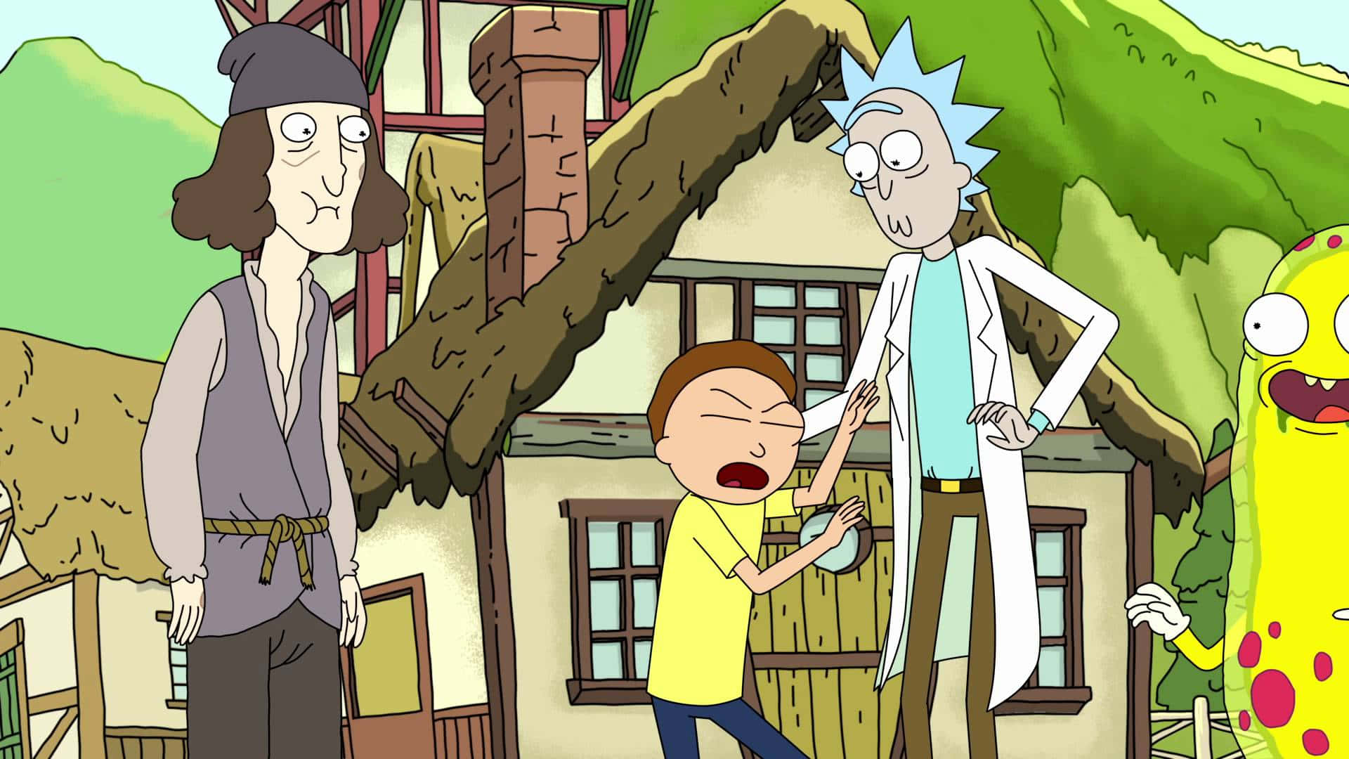 Rick And Morty, thatched cottage, yellow alien, Full HD Desktop Wallpaper