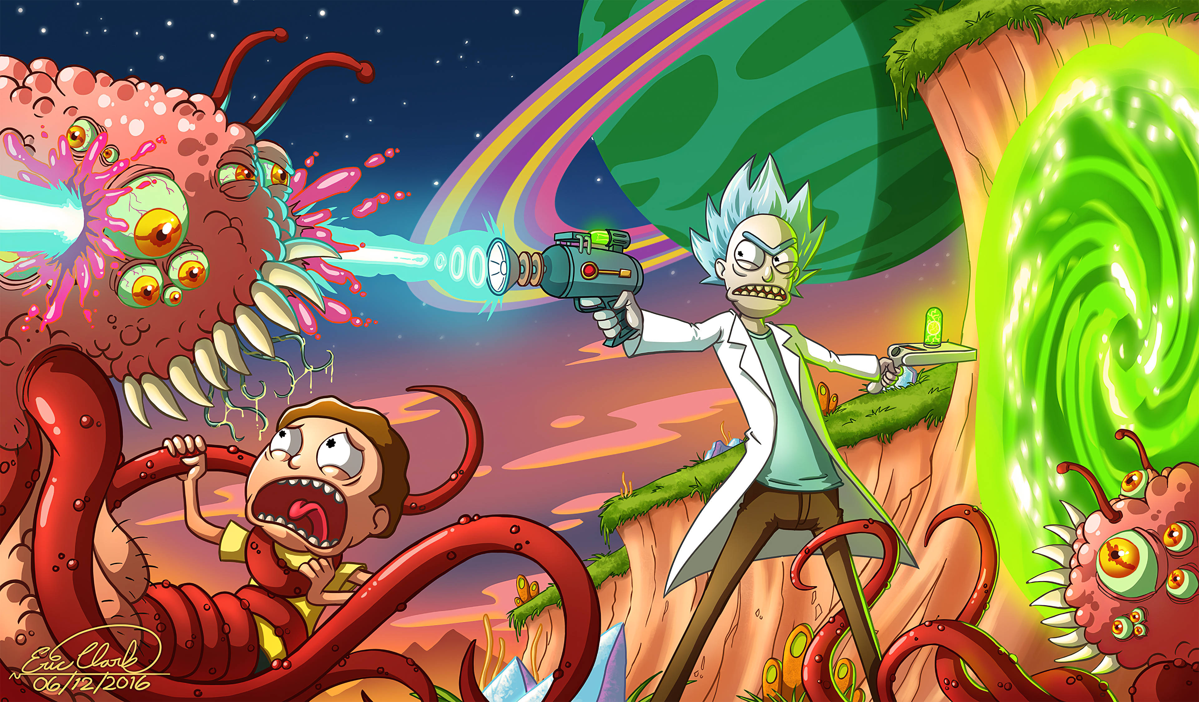 Rick and Morty, grotesque alien creatures, glowing weapons, 4K Desktop Wallpaper