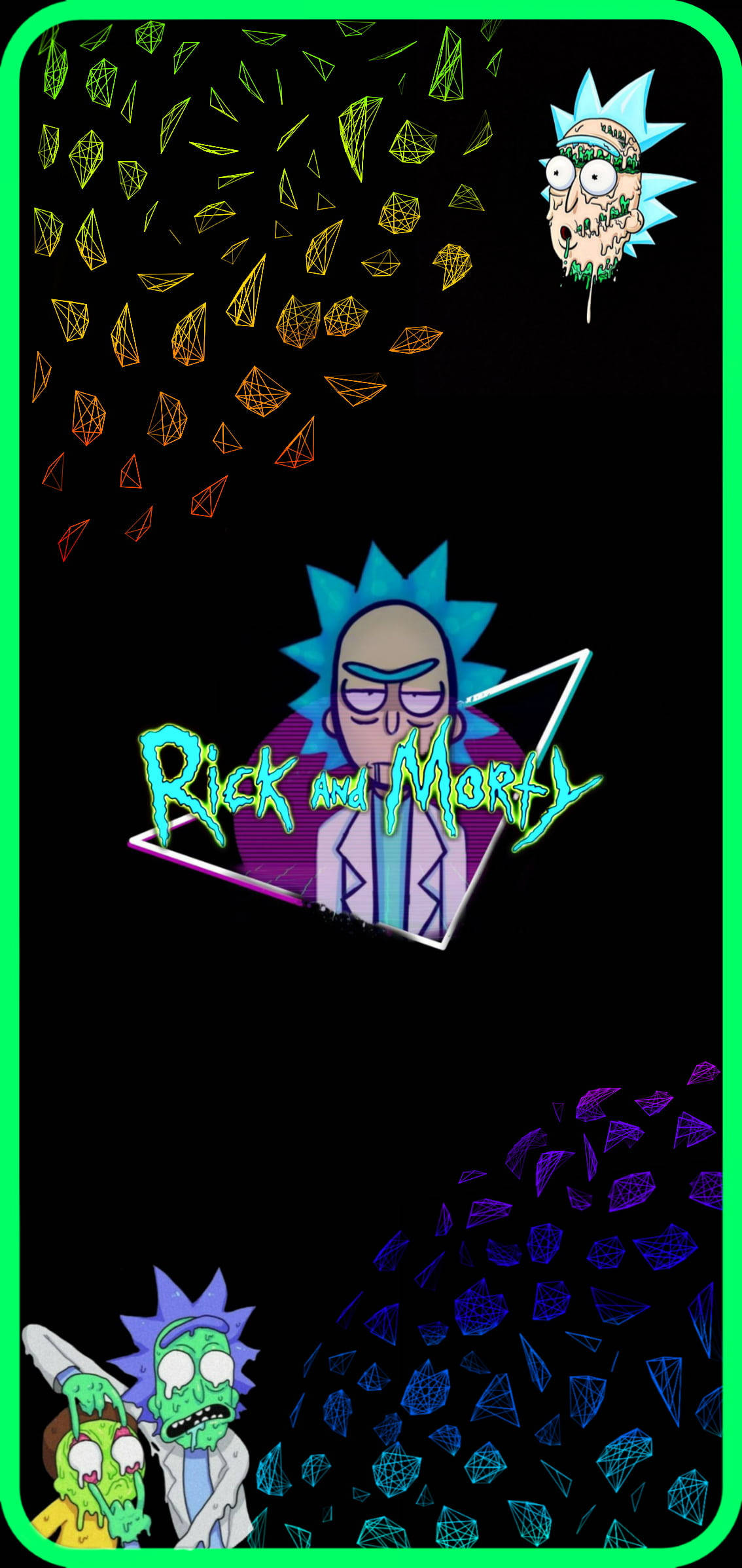 Rick And Morty, neon green border, glowing geometric shards, Full HD Phone Wallpaper