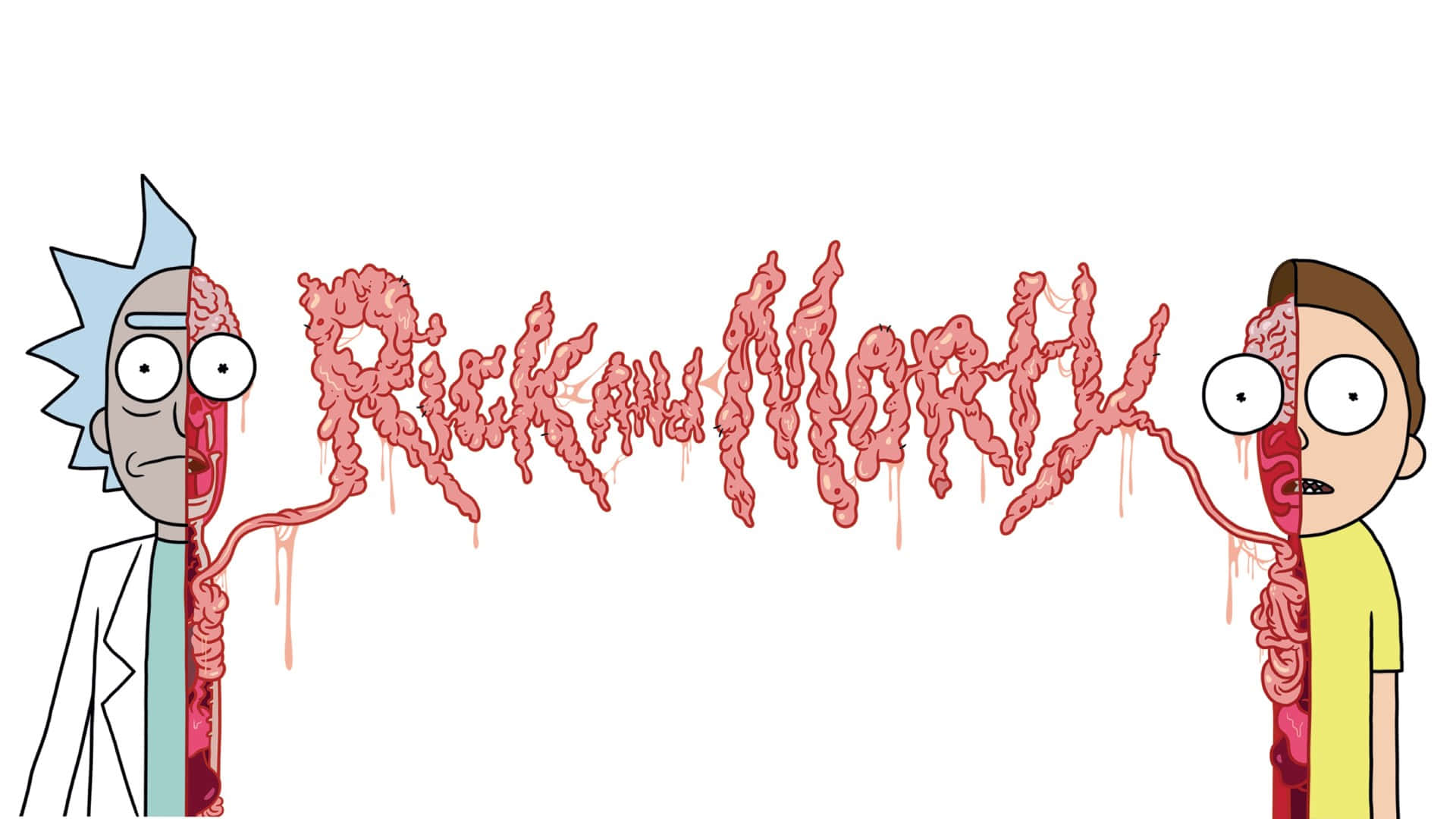 Rick and Morty, grotesque pink intestines, stark white background, Full HD Desktop Wallpaper
