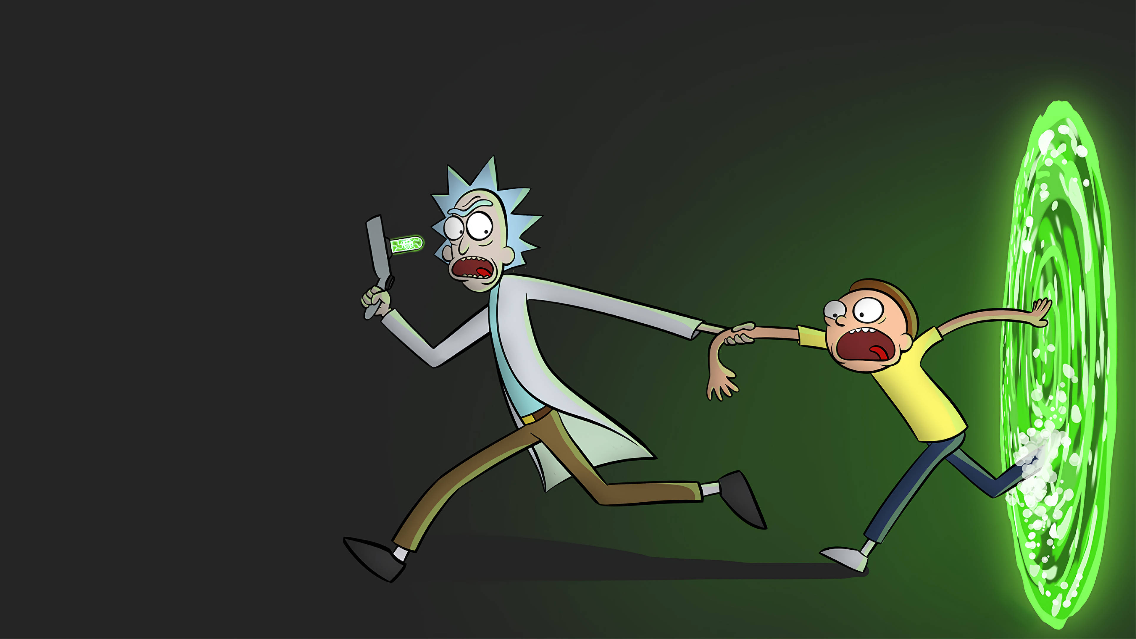 Rick And Morty, glowing green portal, sprint, 4K Desktop Wallpaper