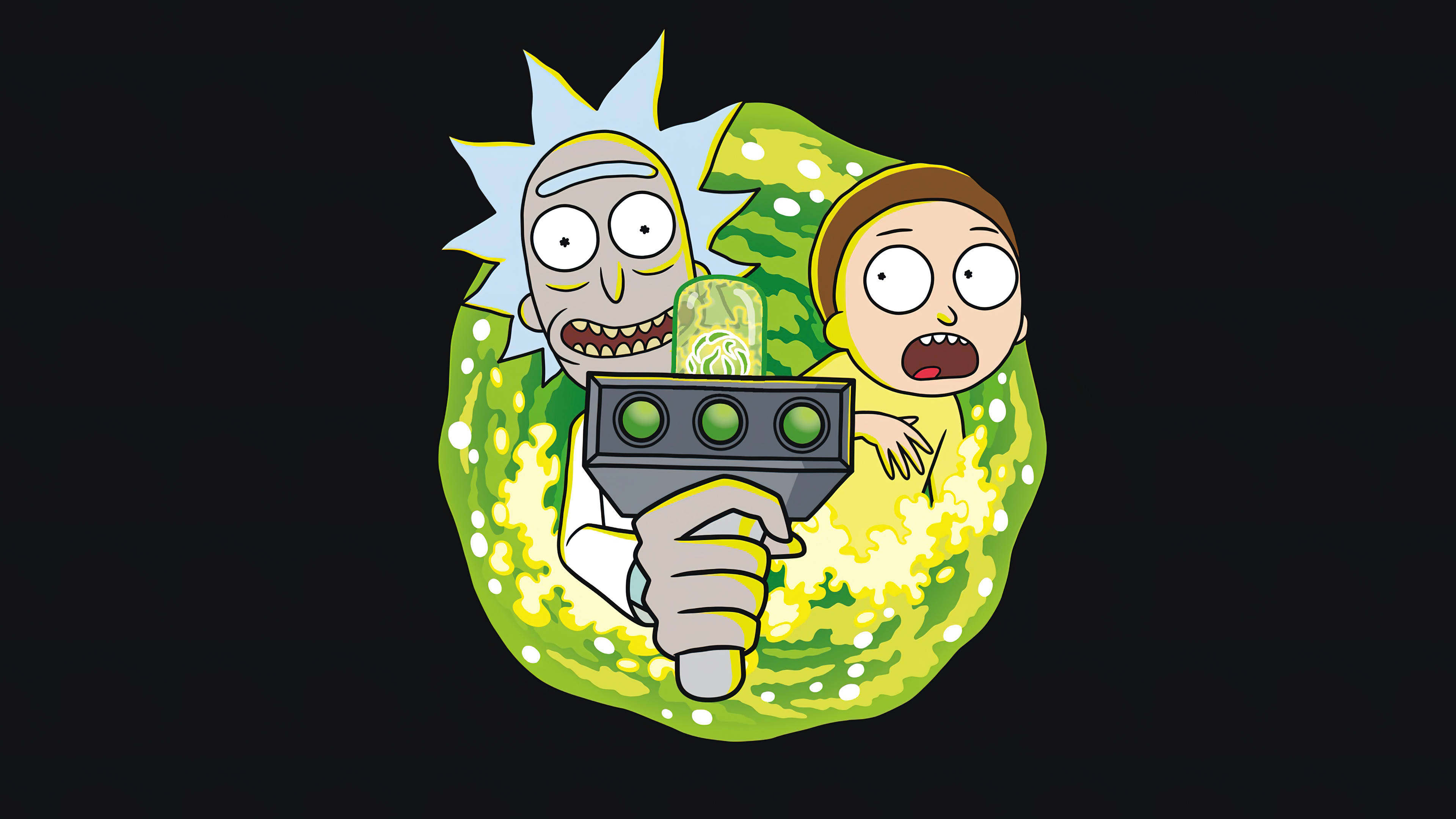Rick and Morty, green portal, device with glowing eyes, 4K Desktop Wallpaper