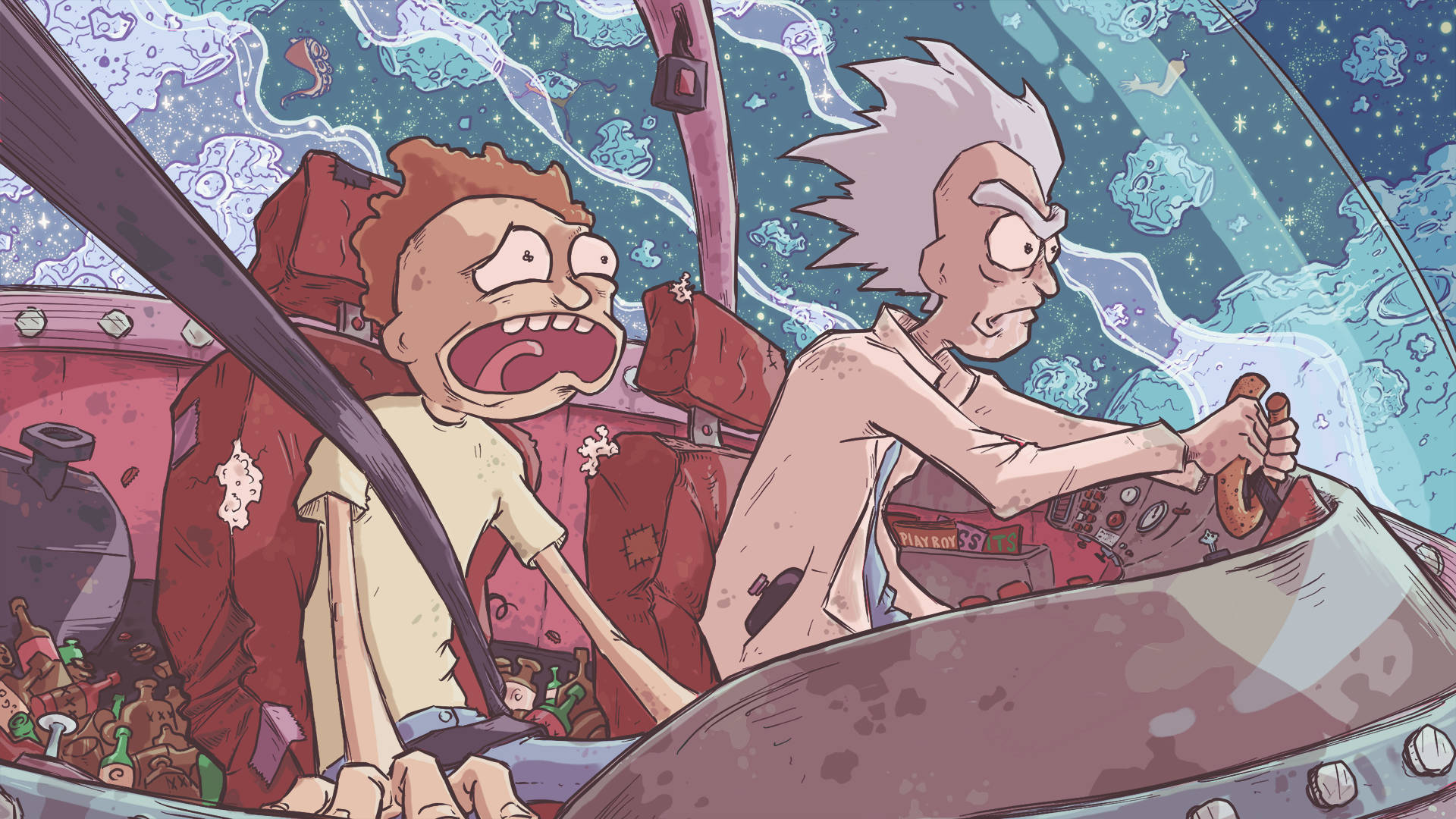 Rick And Morty, spaceship cockpit, starry cosmic landscape, Full HD Desktop Wallpaper