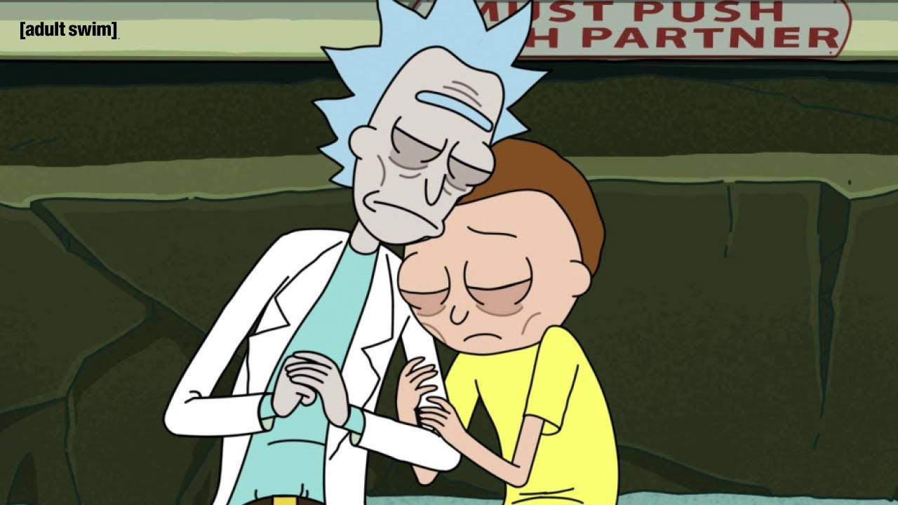 Rick and Morty, MUST PUSH PARTNER sign, dimly lit cave, HD Desktop Wallpaper