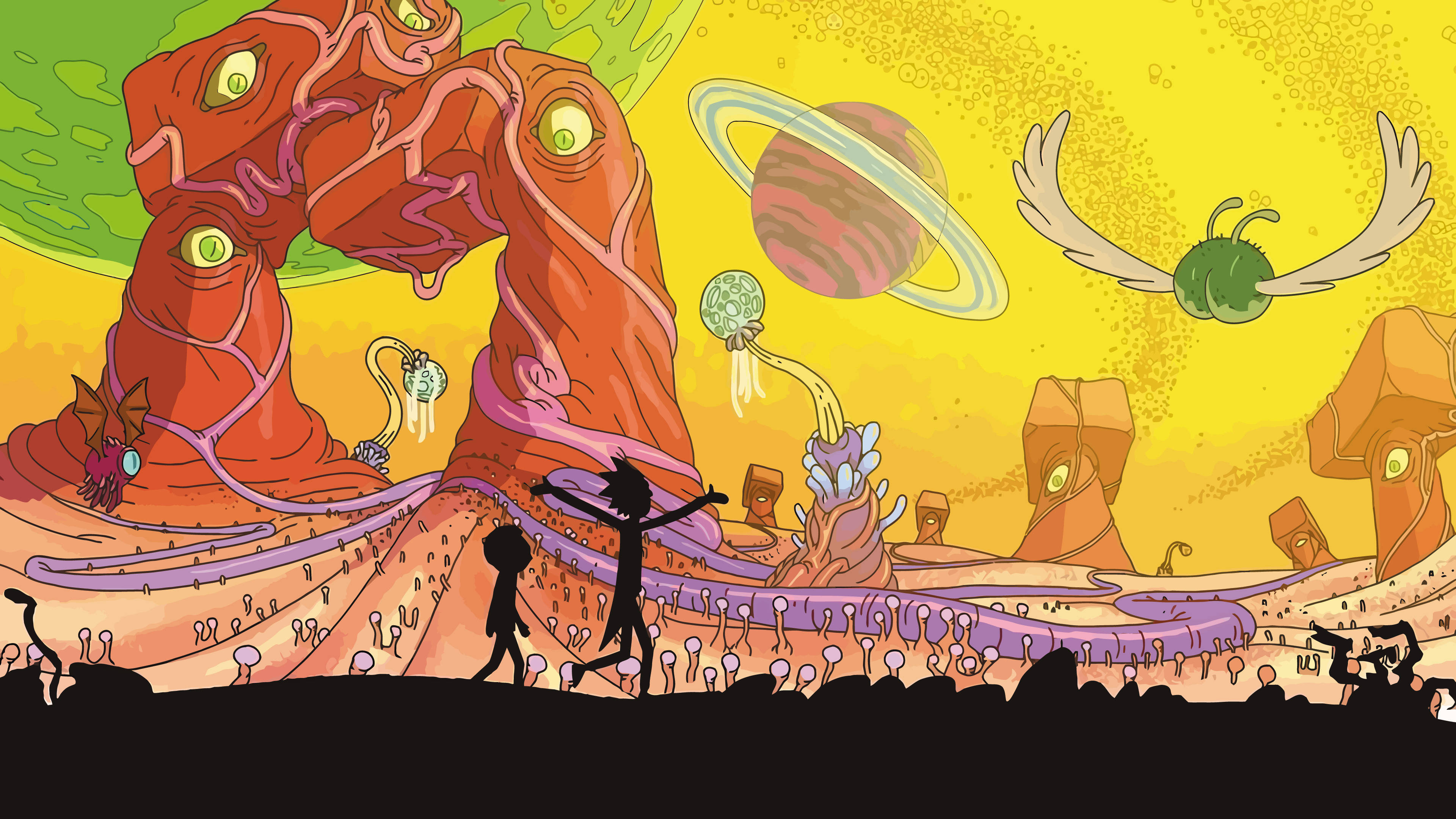 Rick and Morty, interdimensional world, glowing eyes, 4K Desktop Wallpaper