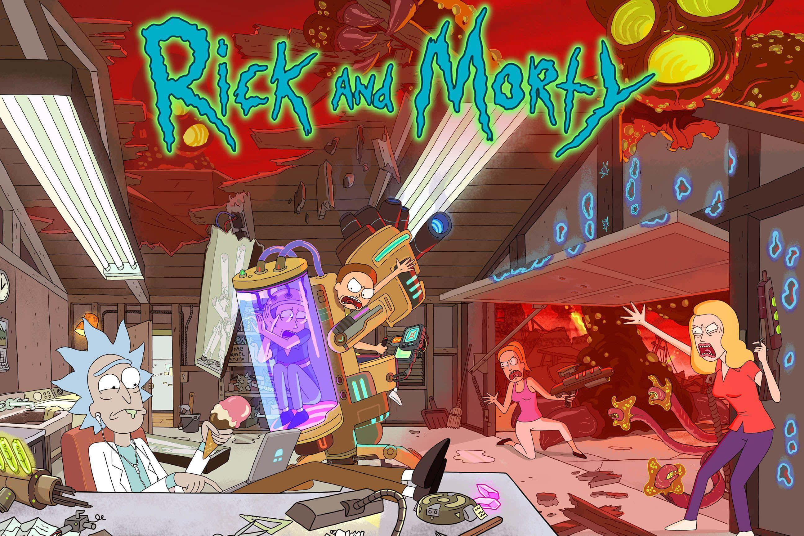 Rick And Morty, chaotic cluttered lab, glowing sci-fi gadgets, 2K Desktop Wallpaper