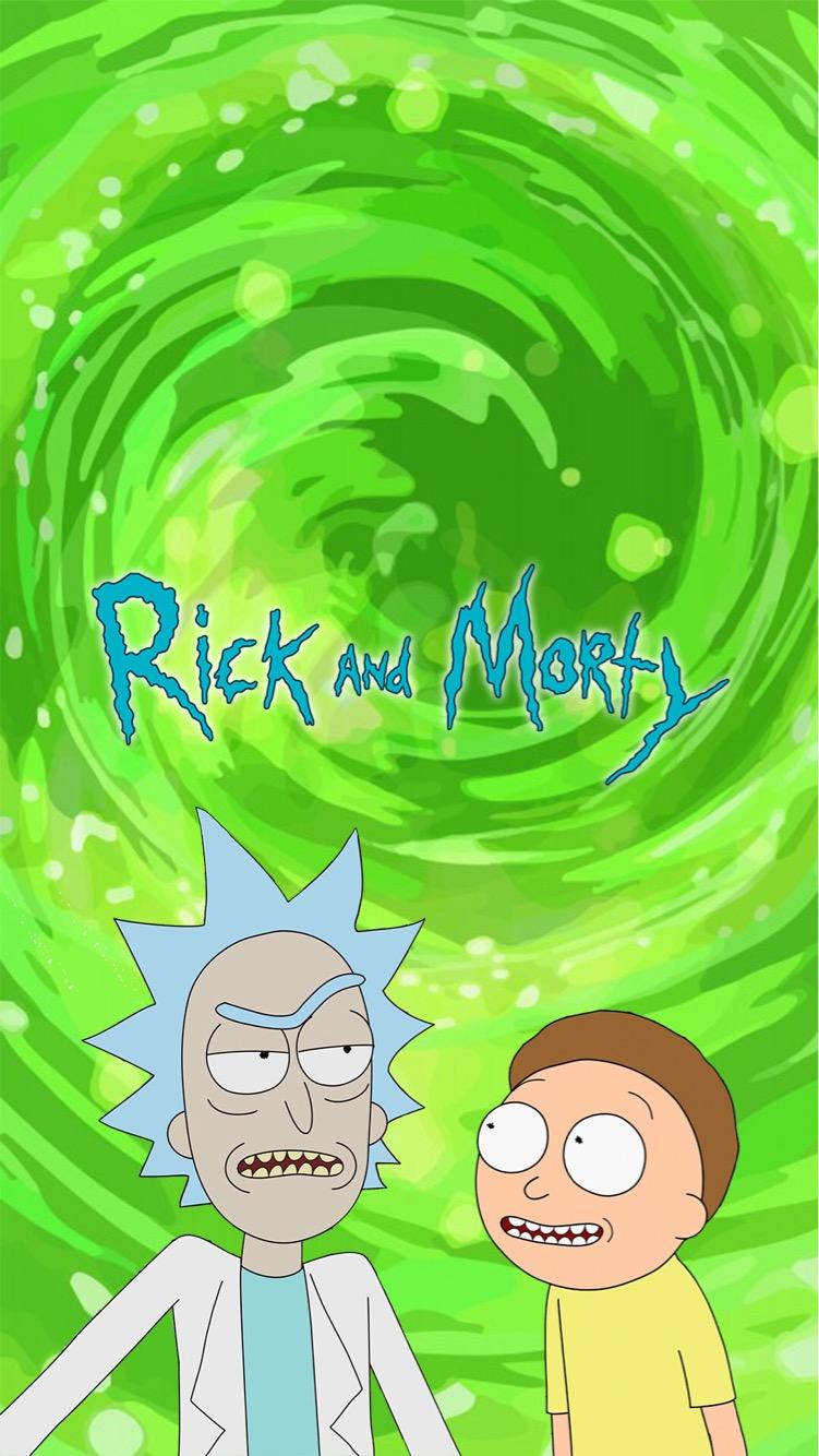 Rick and Morty, swirling green portal, show's title glowing, HD Phone Wallpaper