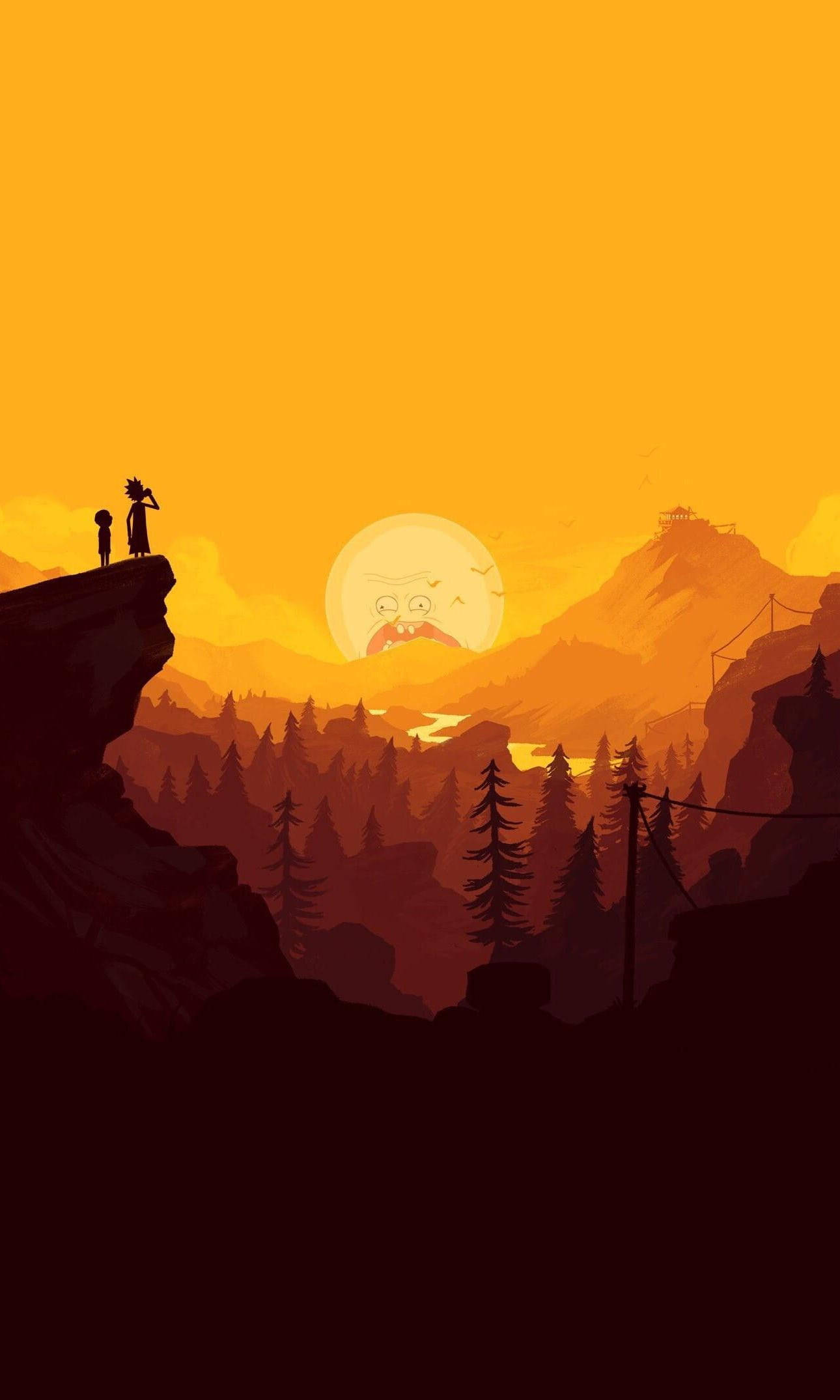 Rick And Morty, silhouetted figures, cliff, Full HD Phone Wallpaper