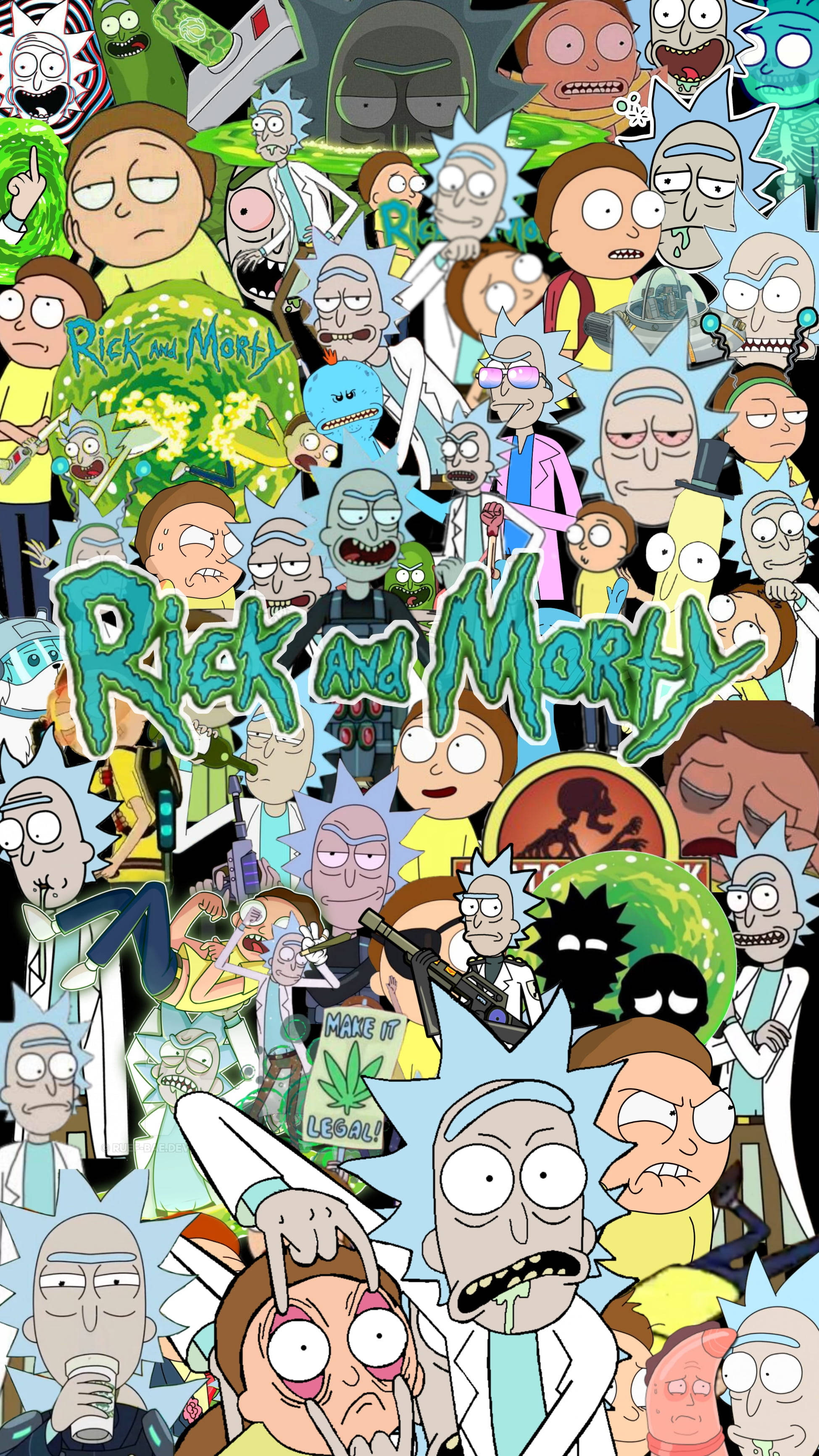 Rick And Morty, collage, vibrant cartoon style, 2K Phone Wallpaper