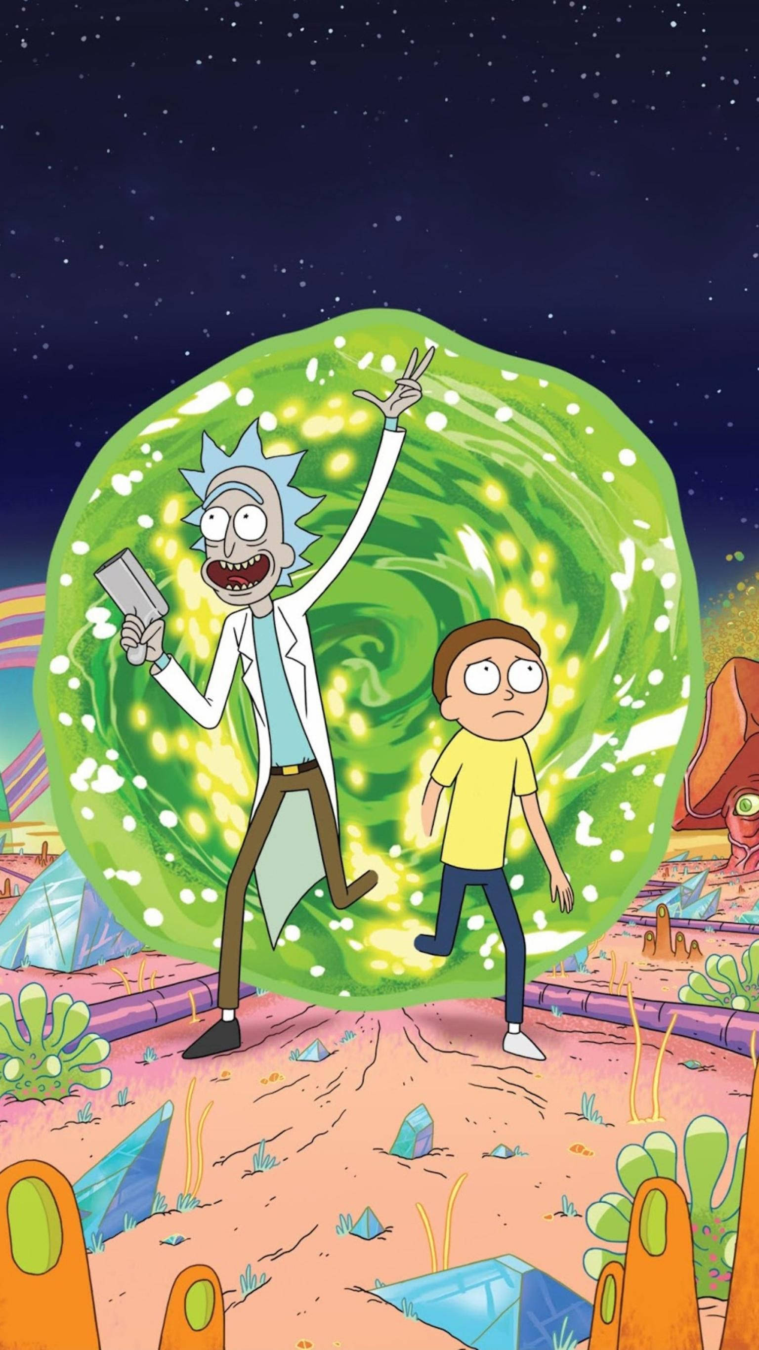 Rick And Morty, swirling green portal, starry night sky, 2K Phone Wallpaper