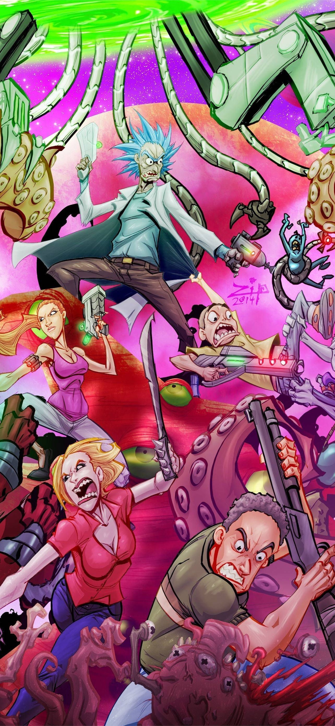 Rick And Morty, iPhone, neon-drenched, 2K Phone Wallpaper