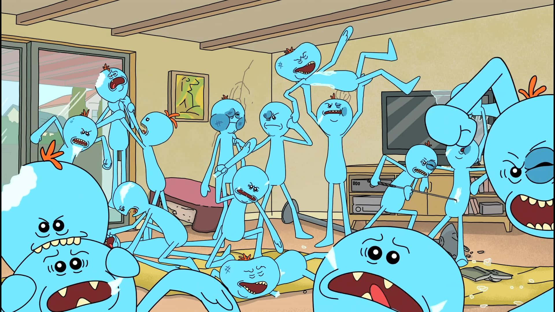 Rick And Morty, blue cartoon creatures, messy living space, Full HD Desktop Wallpaper