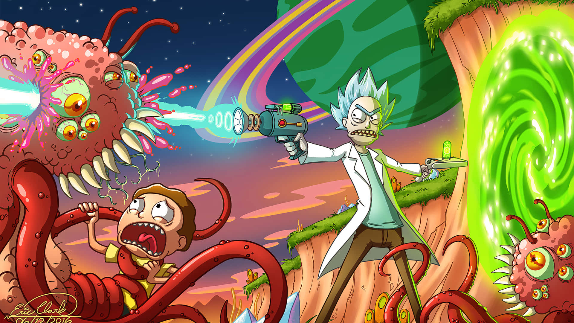 Rick and Morty, sci-fi gun, portal, Full HD Desktop Wallpaper