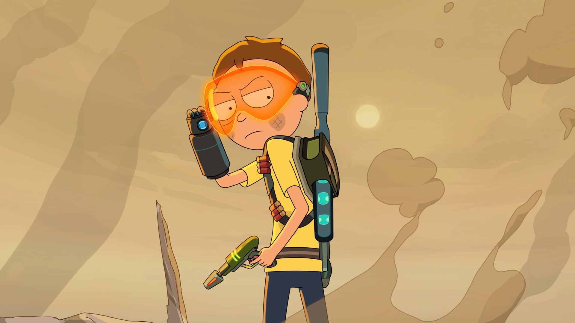 Rick and Morty, yellow shirt, orange goggles, Full HD Desktop Wallpaper