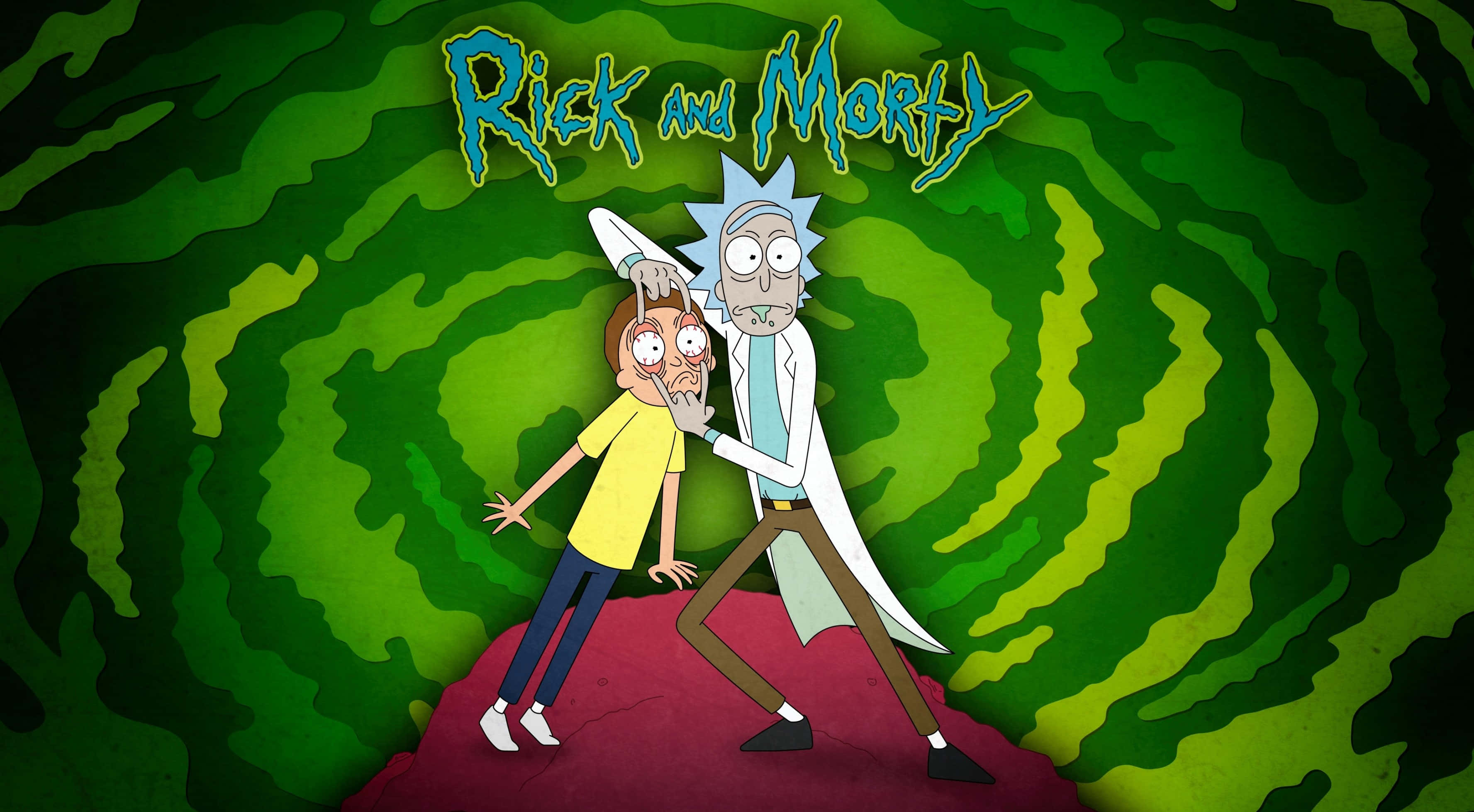 Rick and Morty, red platform, swirling green vortex, 2K Desktop Wallpaper