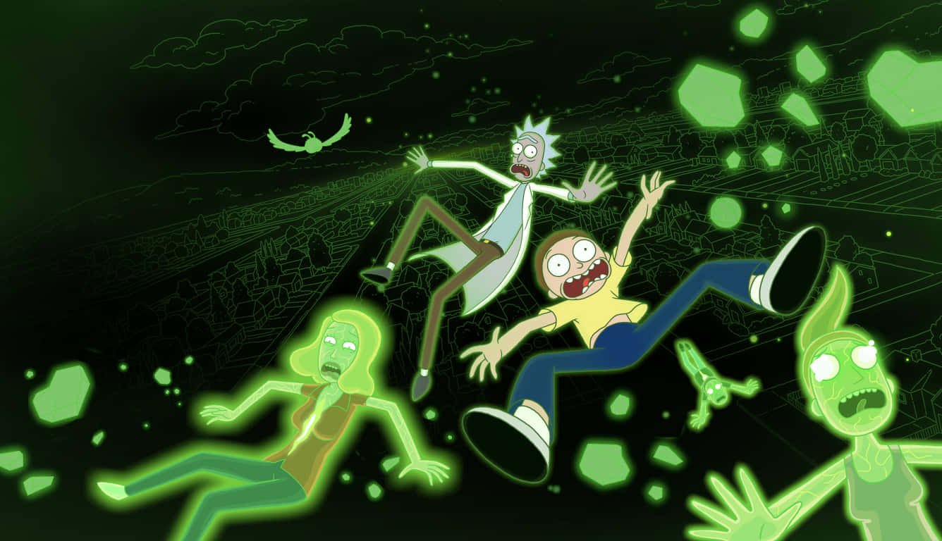 Rick and Morty, green glowing chaos, floating rocks, HD Desktop Wallpaper