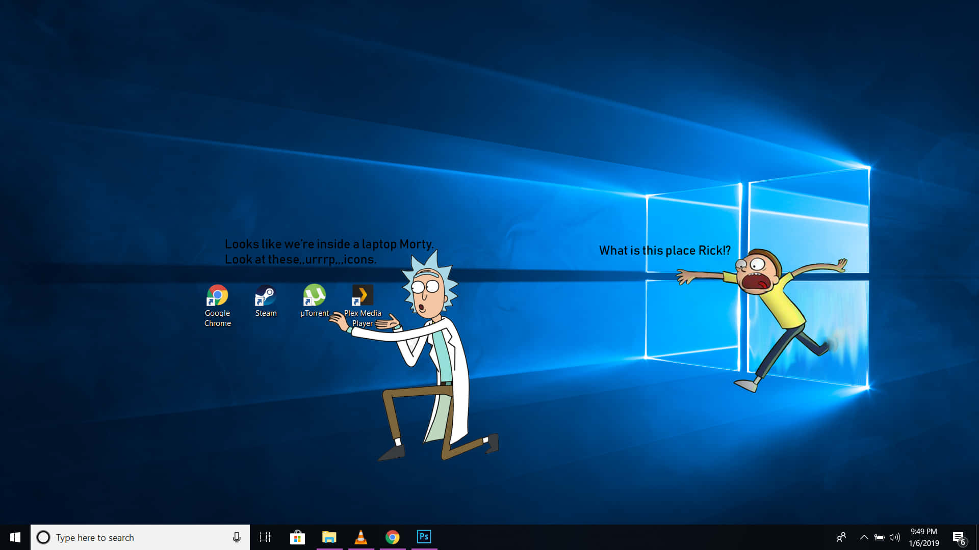 Rick and Morty, Windows 10, glowing blue, Full HD Desktop Wallpaper