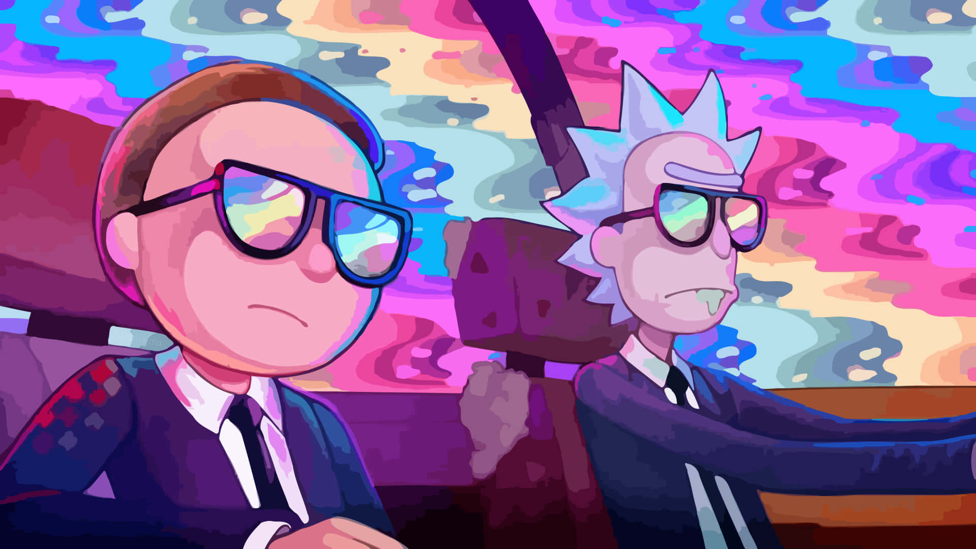 Rick And Morty, psychedelic swirling sky, pink purple and blue, Full HD Desktop Wallpaper