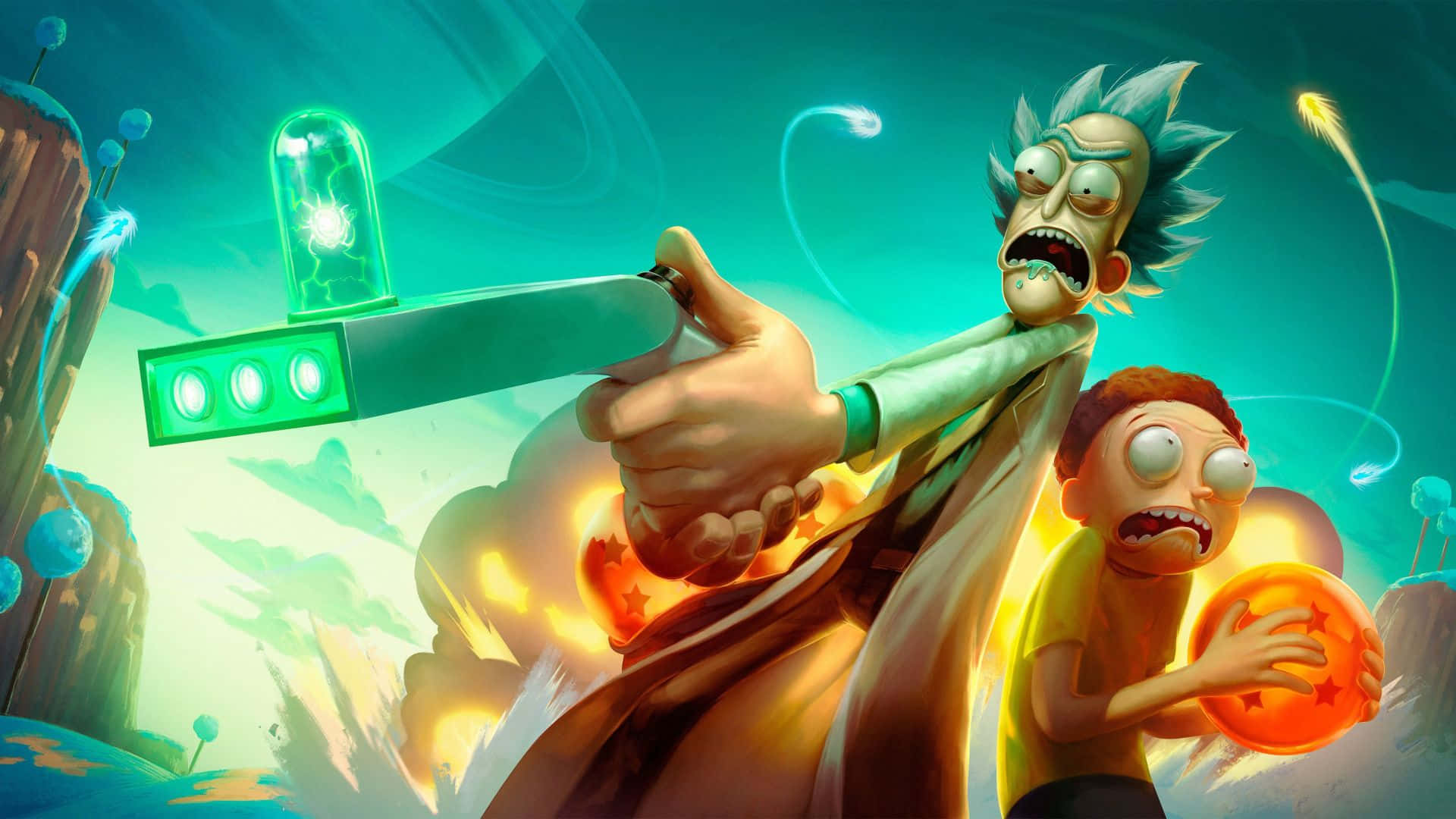 Rick And Morty, glowing green weapons, fiery explosions, Full HD Desktop Wallpaper
