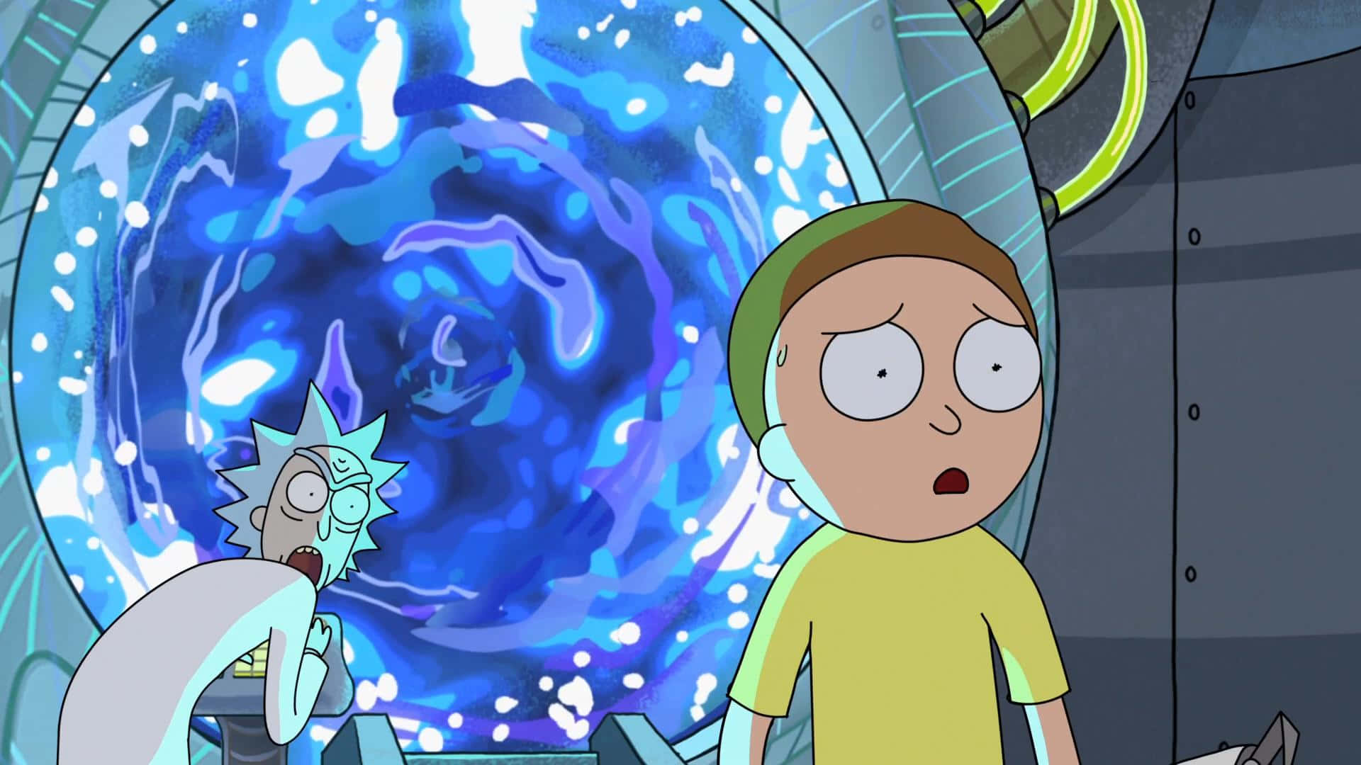 Rick And Morty, swirling blue cosmic portal, sci-fi lab, Full HD Desktop Wallpaper