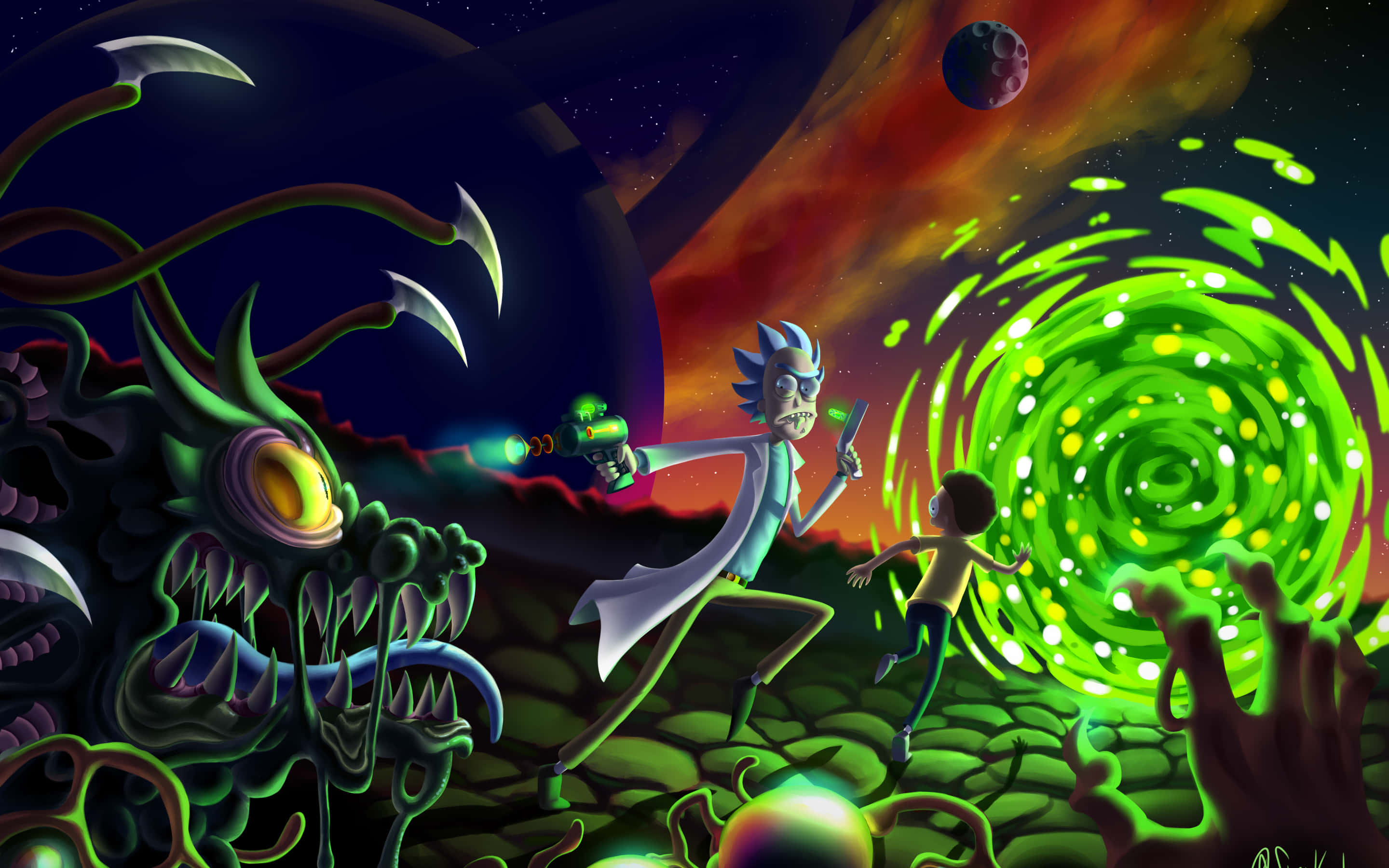 Rick And Morty, Macbook, green portal, 2K Desktop Wallpaper