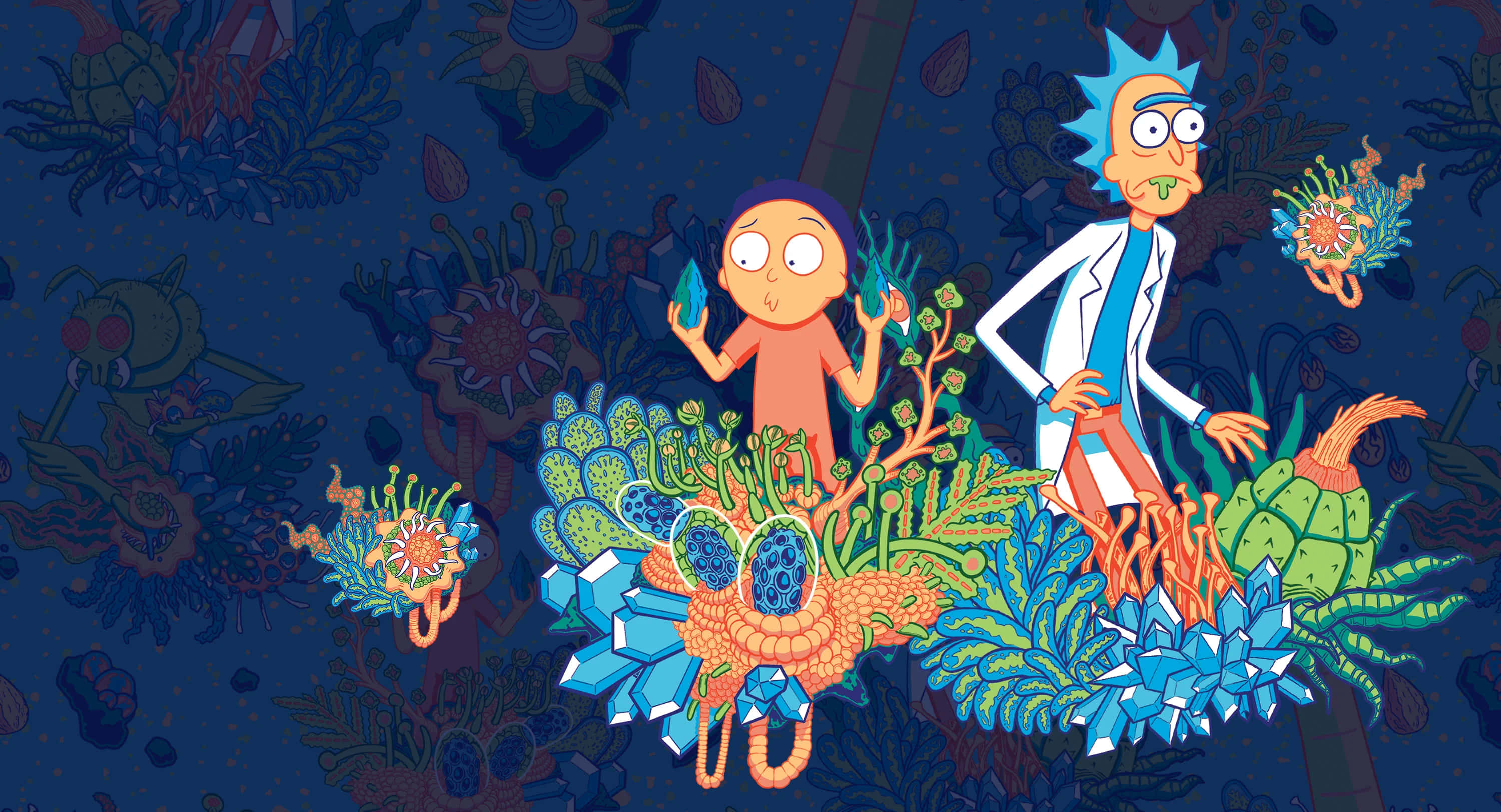 Rick And Morty, alien coral reef, glowing flora, 2K Desktop Wallpaper
