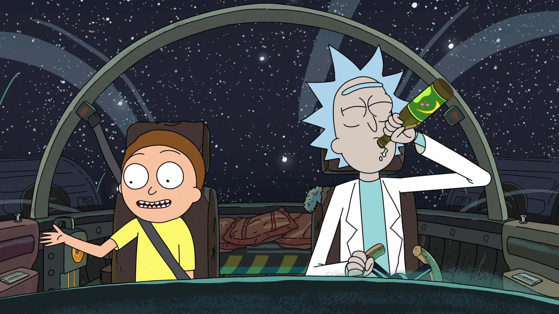 Rick And Morty, spaceship cockpit, starry night sky, Full HD Desktop Wallpaper
