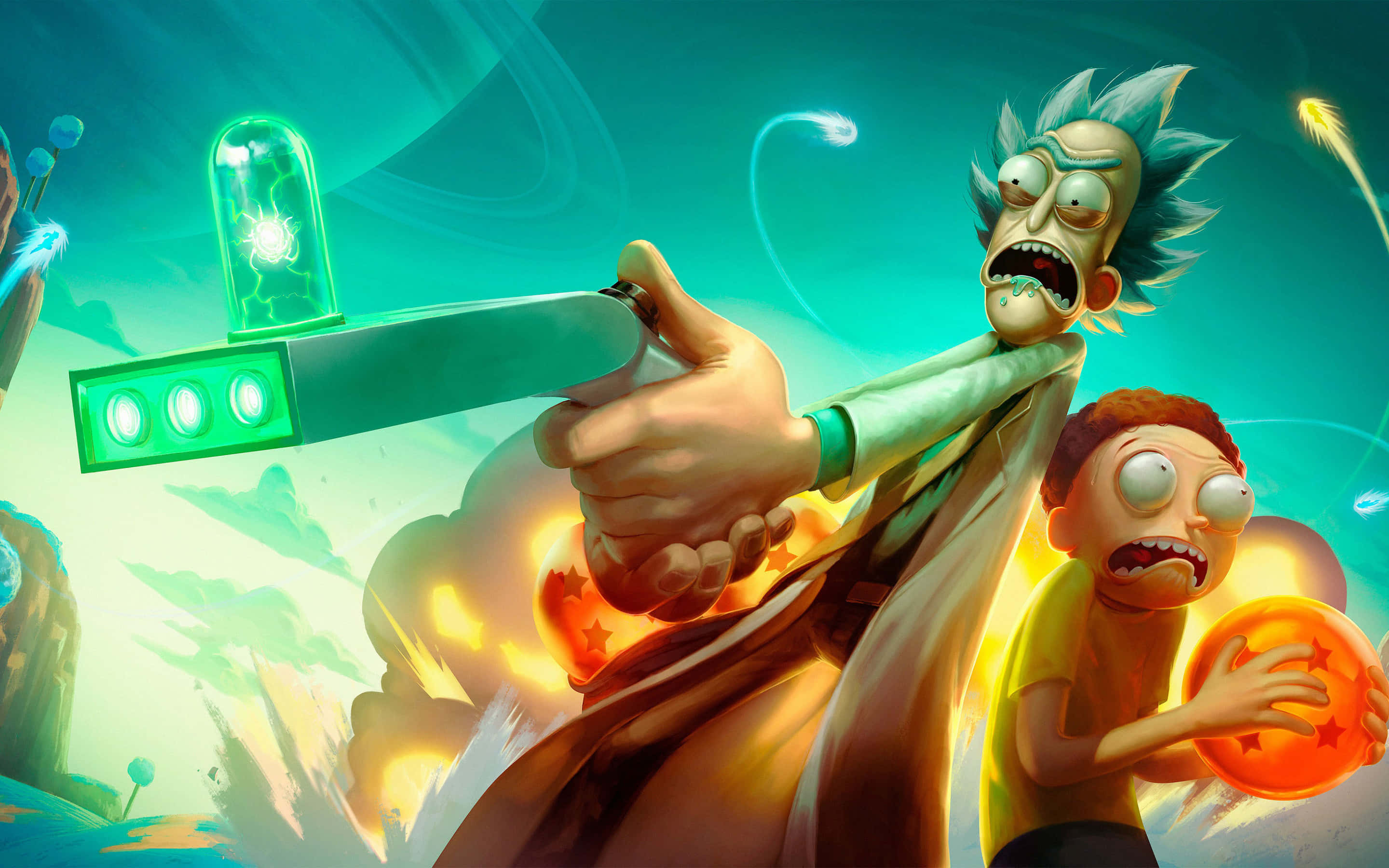 Rick And Morty, Macbook, chaotic sci-fi scene, 2K Desktop Wallpaper