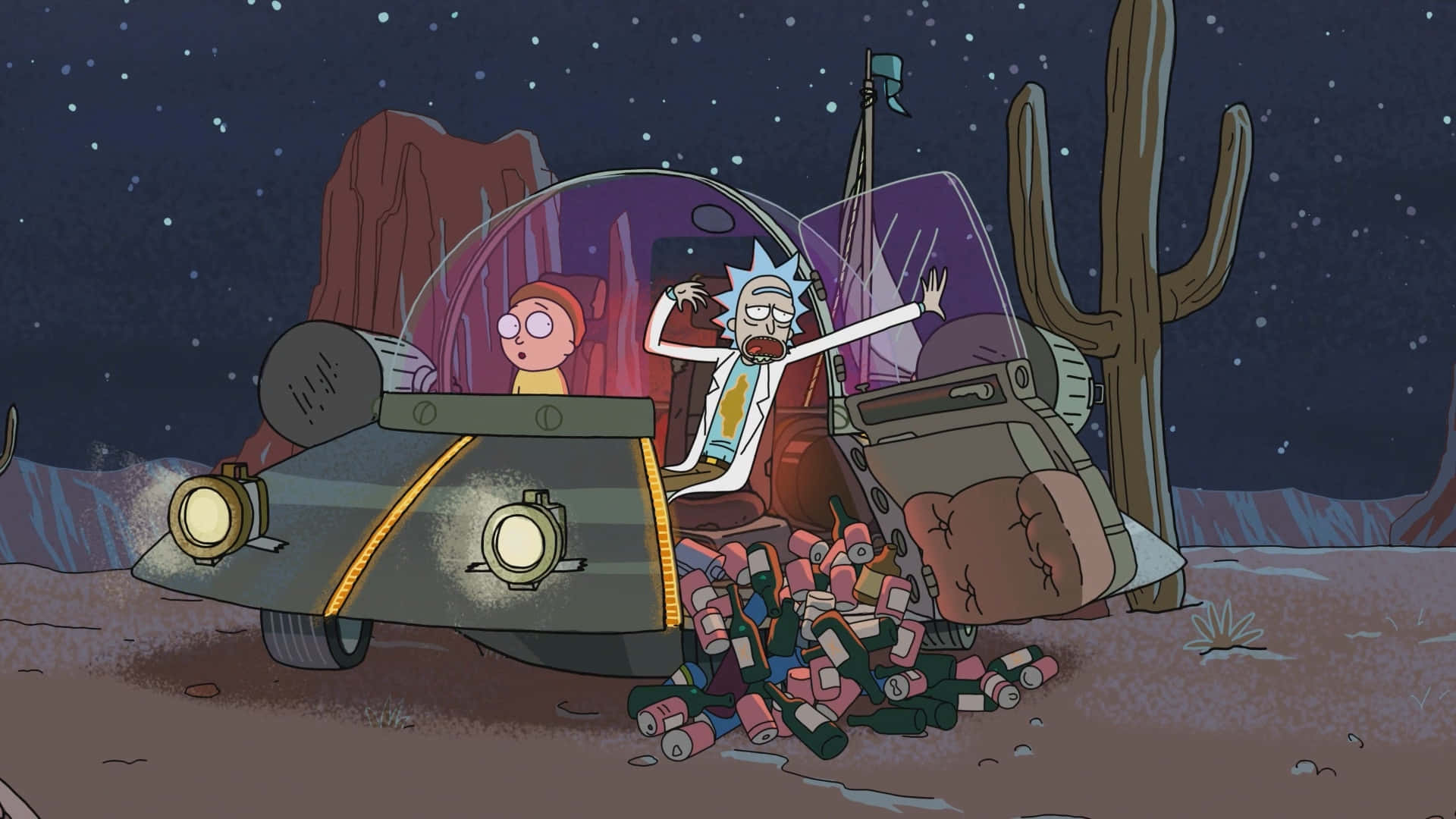 Rick and Morty, spaceship, starry desert, Full HD Desktop Wallpaper