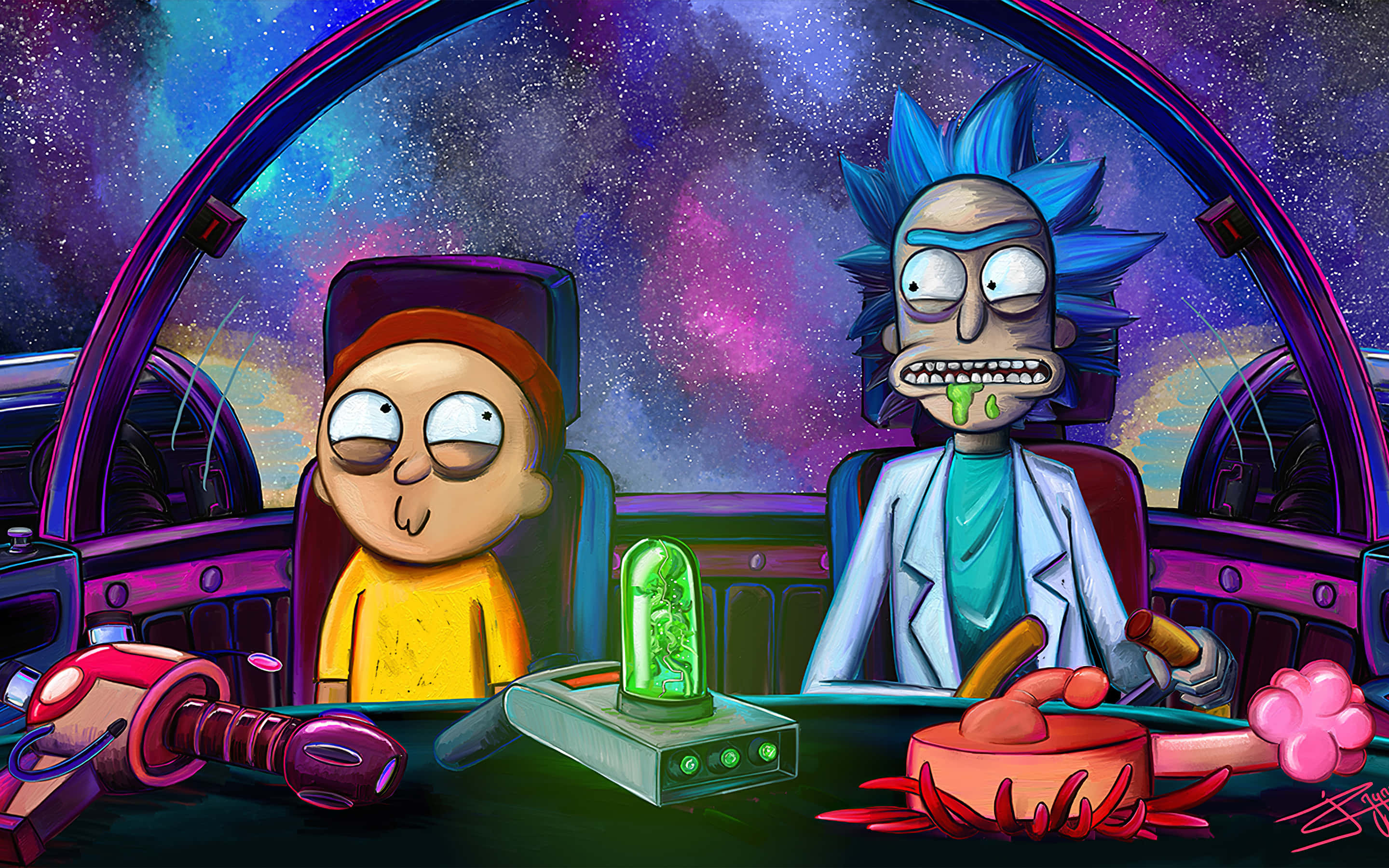Rick and Morty, spaceship cockpit, cosmic nebula, 2K Desktop Wallpaper