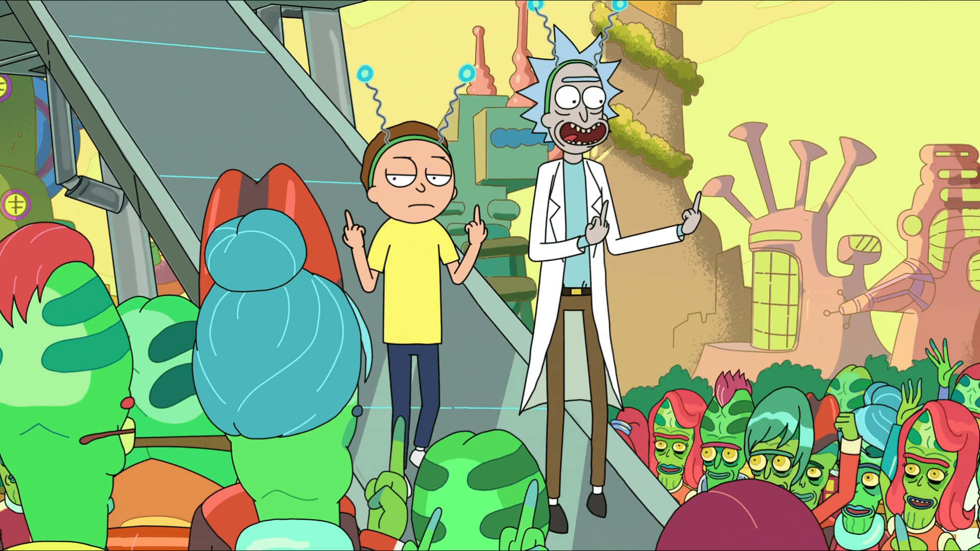 Rick and Morty, bridge, colorful alien crowds, Full HD Desktop Wallpaper