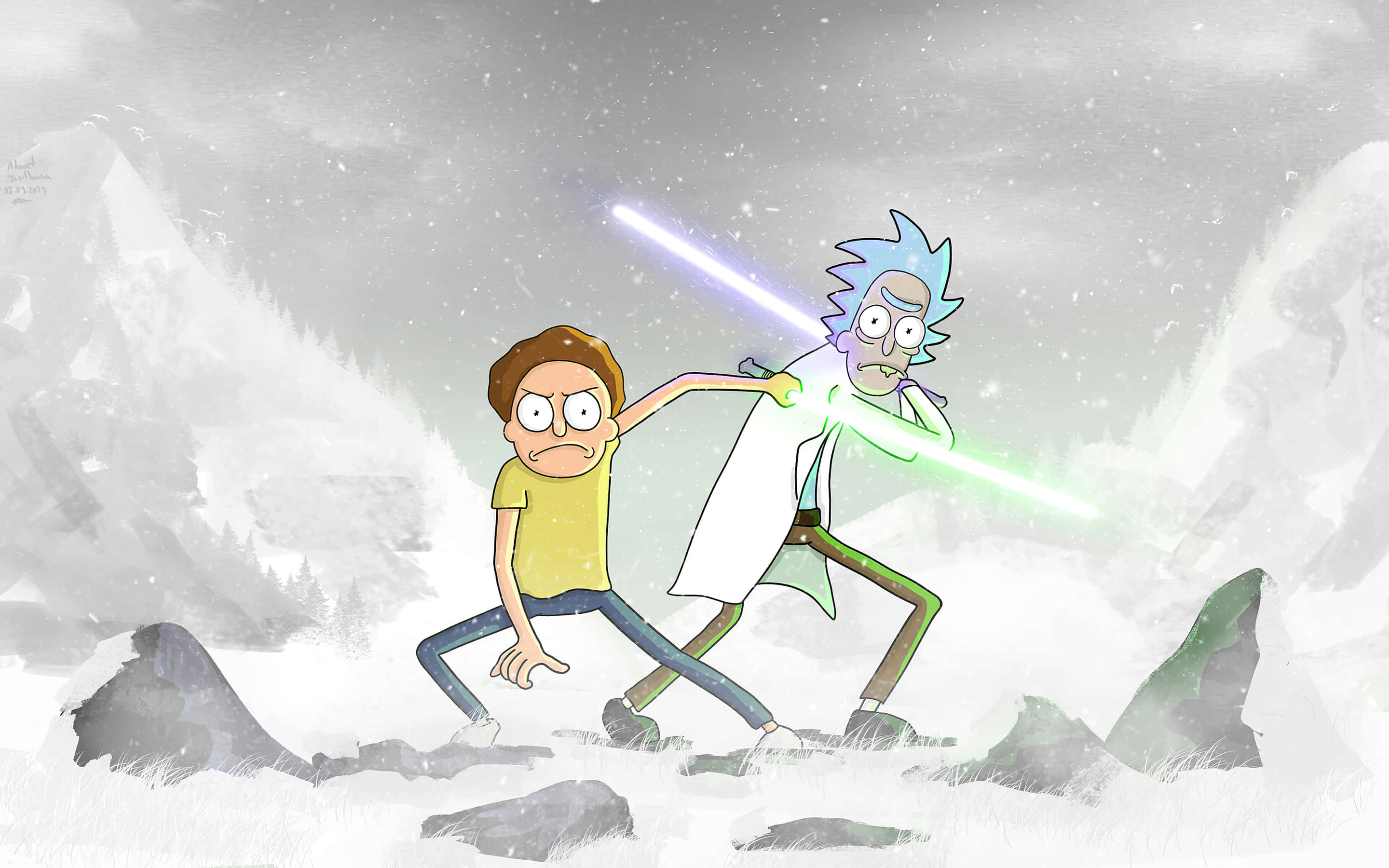 Rick And Morty, Macbook, lightsabers, 2K Desktop Wallpaper