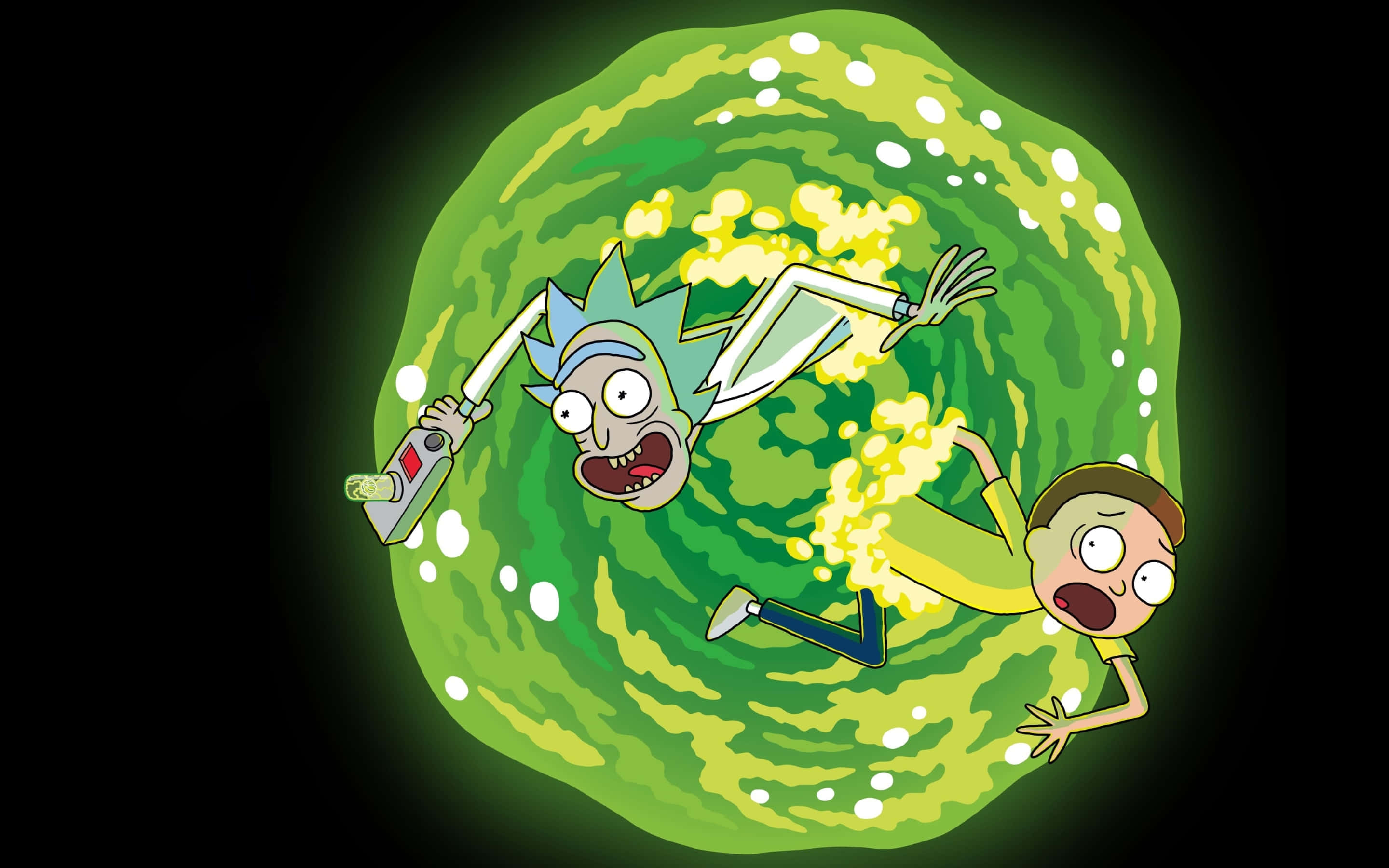 Rick and Morty, green portal, black background, 2K Desktop Wallpaper