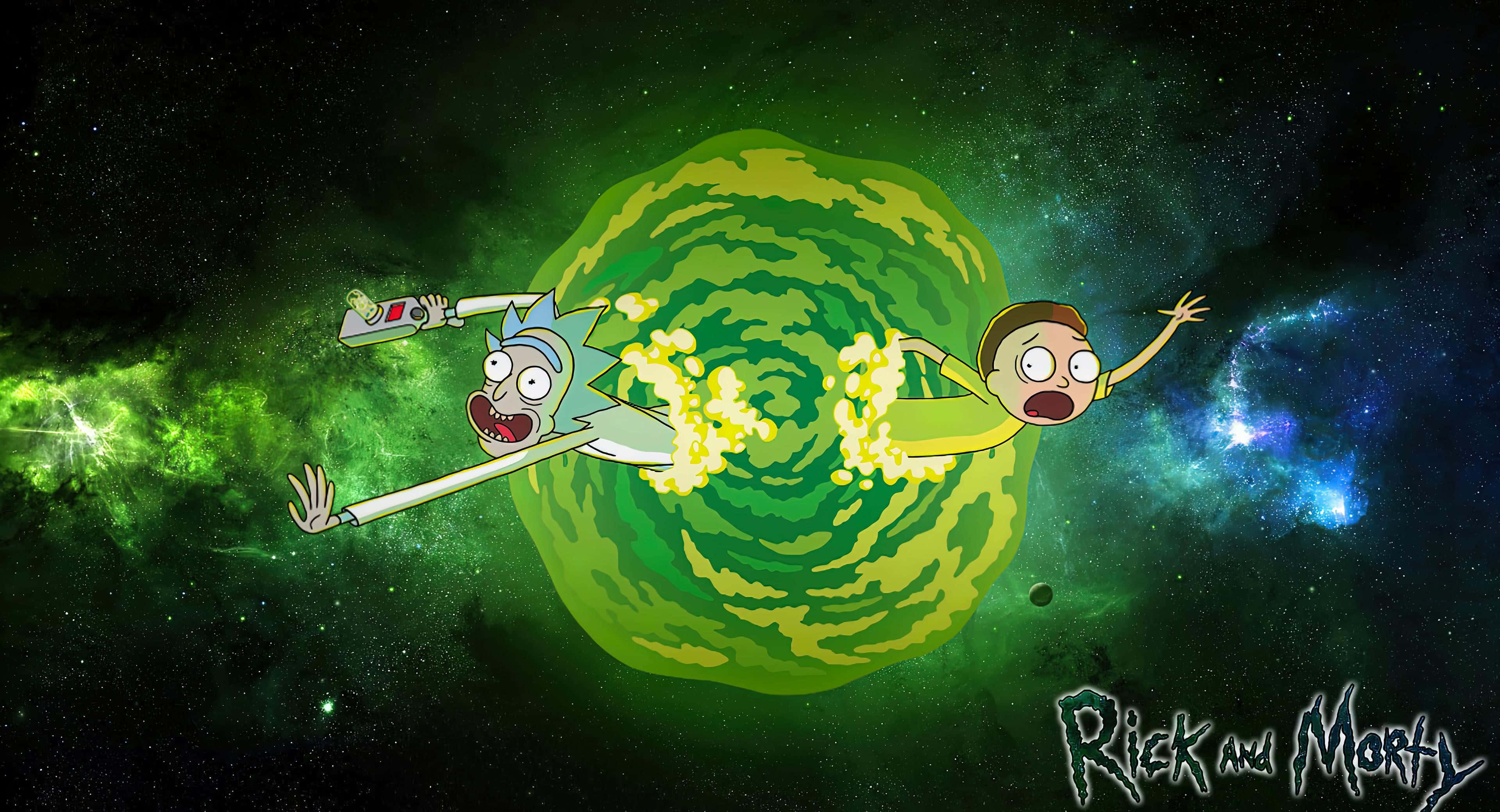 Rick and Morty, green portal, starry cosmic void, 4K Desktop Wallpaper